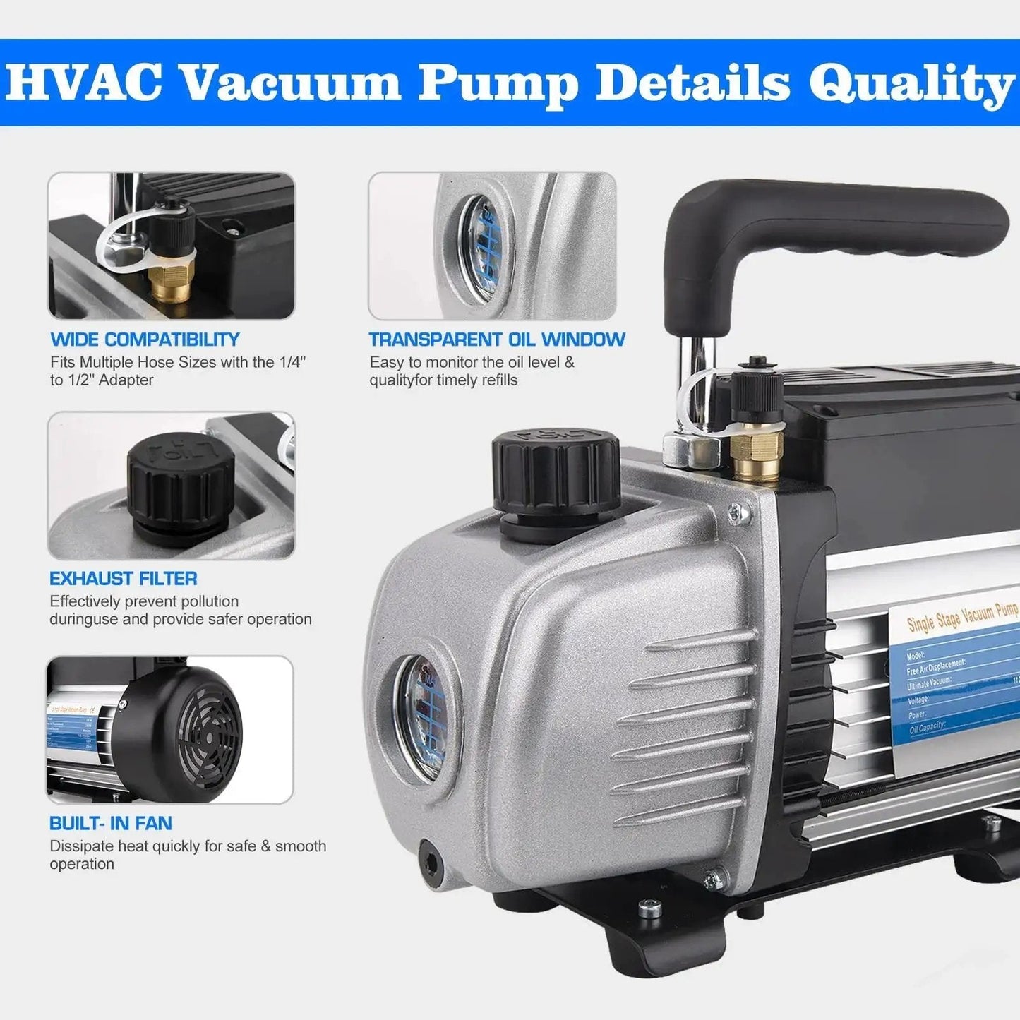 Heavy Duty HVAC Vacuum Pump And R134a Gauge Kit For Fast AC Evacuation, 3CFM 1/4HP Single Stage Rotary Vane Pump features details