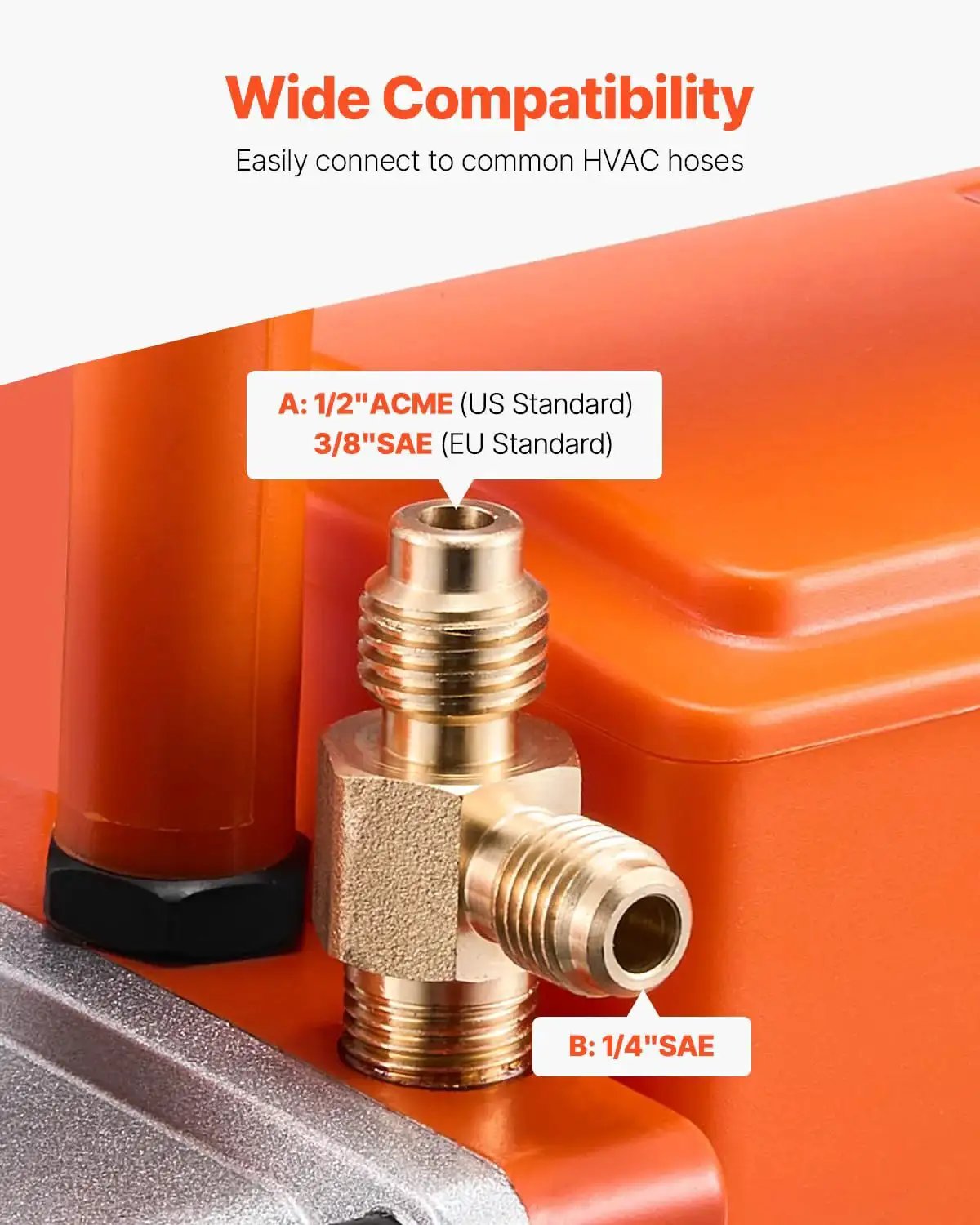 Close-up of two stage 6 CFM rotary vane vacuum pump hose connectors for auto AC systems, featuring wide compatibility labels.