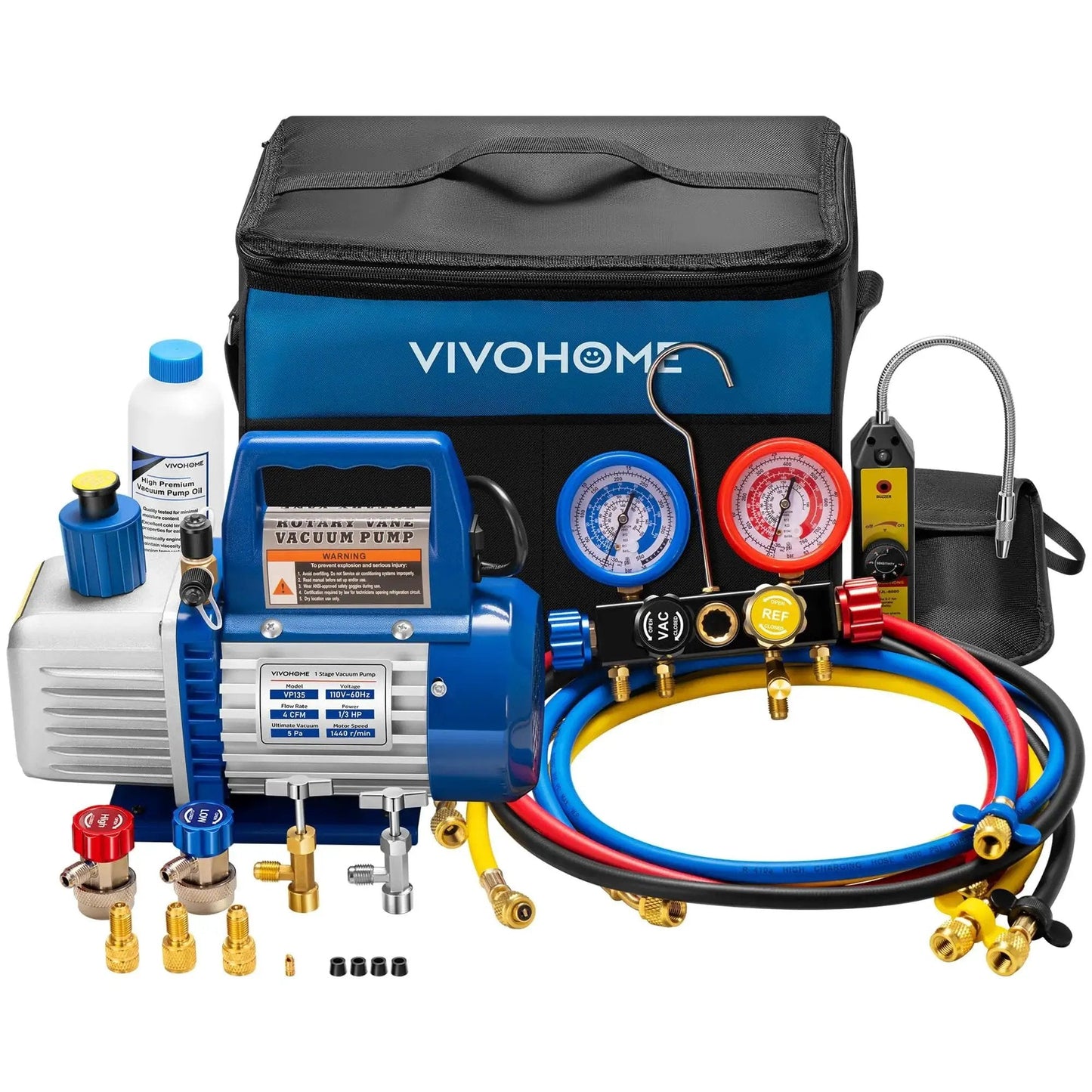 Upgraded 4CFM One Third HP HVAC Vacuum Pump With 4 Way Manifold Gauge Set Leak Detector 5ft Hoses Automotive AC Kit By VIVOHOME