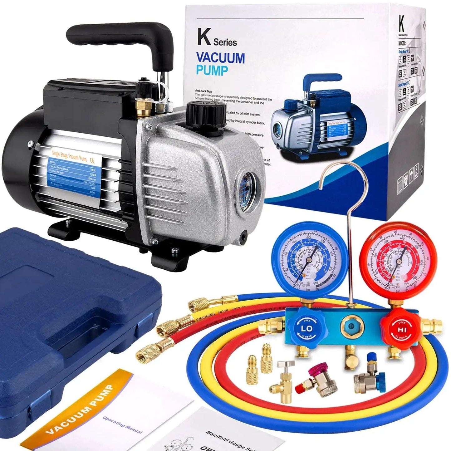 Heavy Duty HVAC Vacuum Pump And R134a Gauge Kit For Fast AC Evacuation, 3CFM 1/4HP Single Stage Rotary Vane Pump with colorful hoses
