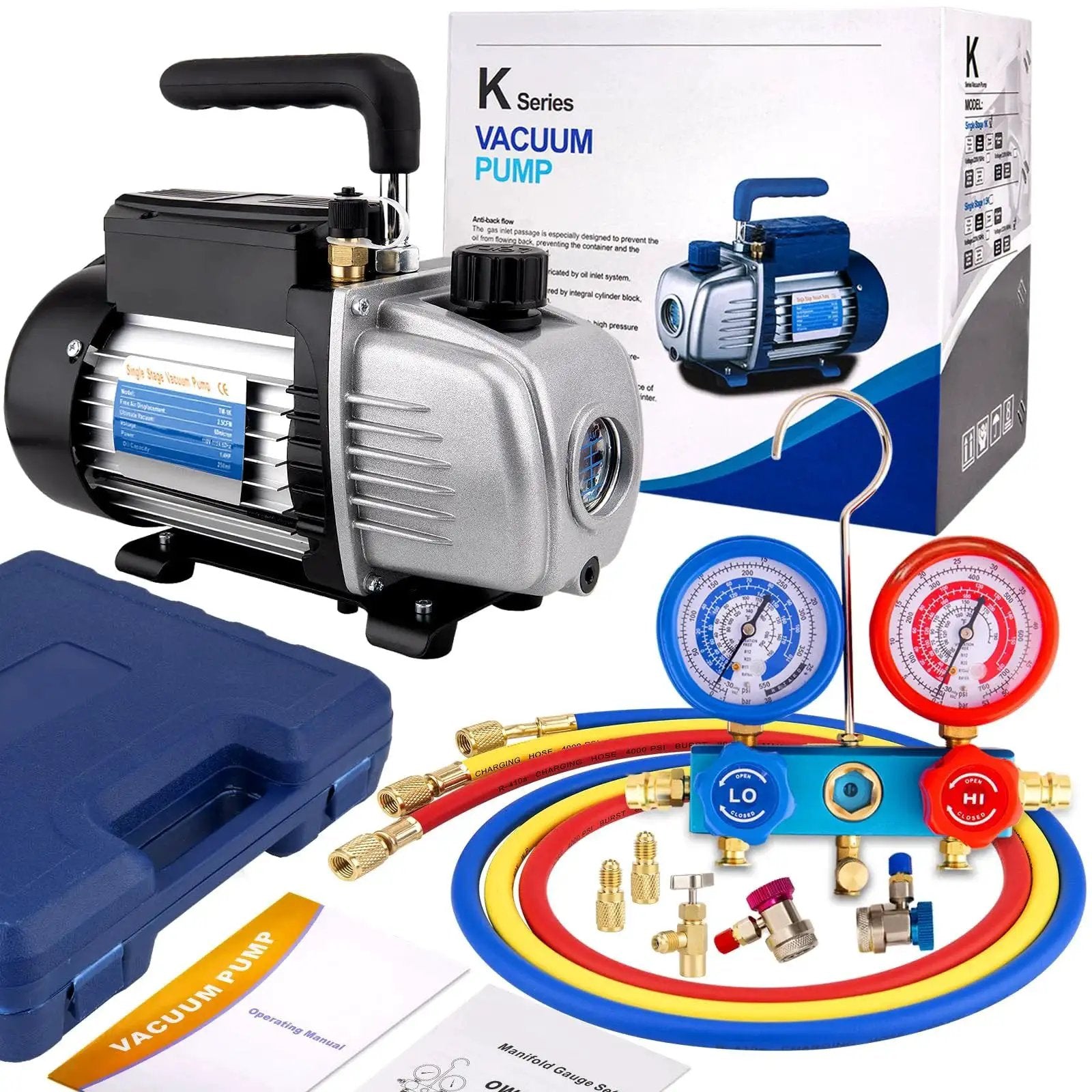 Heavy Duty HVAC Vacuum Pump And R134a Gauge Kit For Fast AC Evacuation, 3CFM 1/4HP Single Stage Rotary Vane Pump with colorful hoses