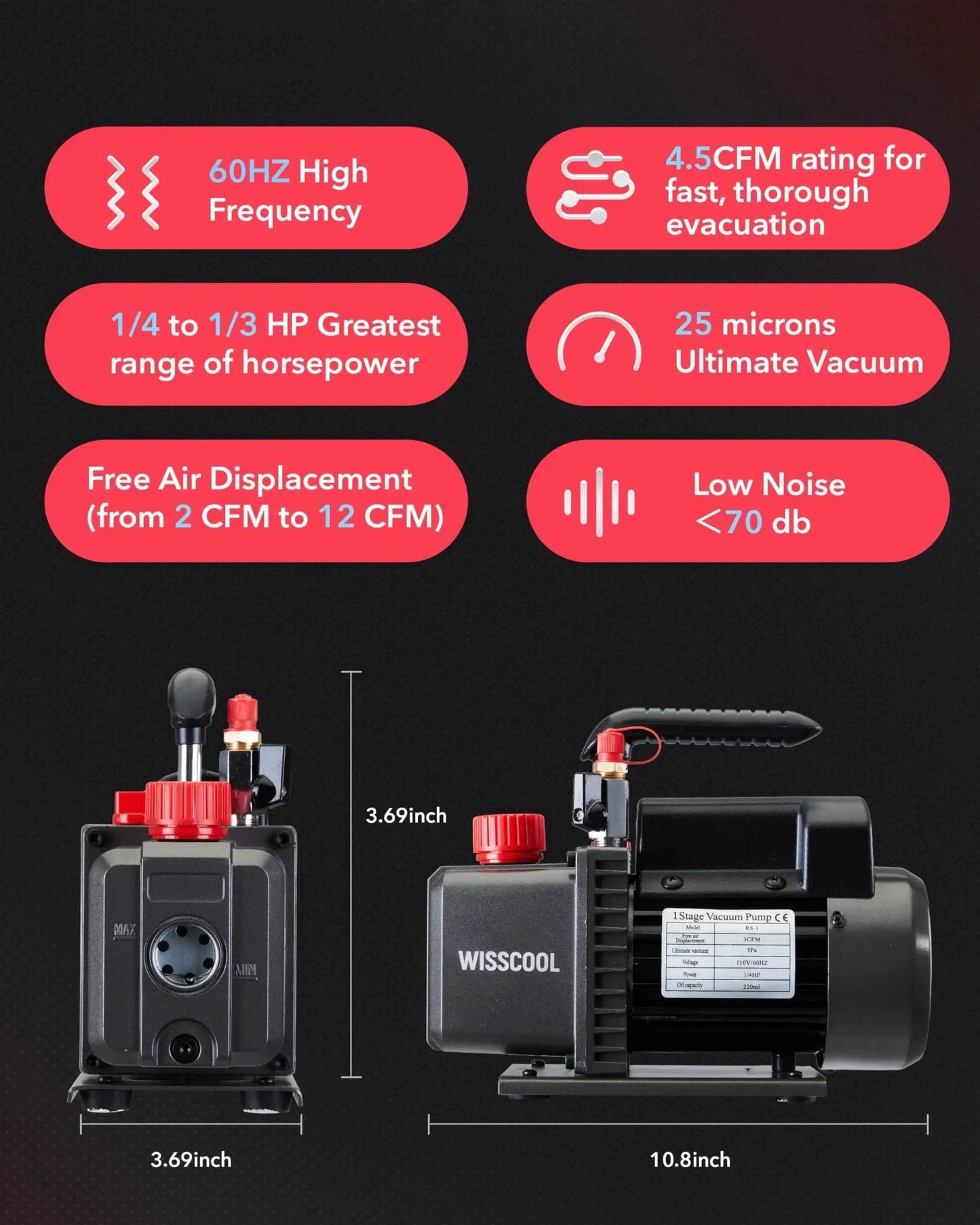 Four Point Five CFM 110V One Third HP AC Vacuum Pump With 4 Way Gauge Kit featuring specifications and dimensions