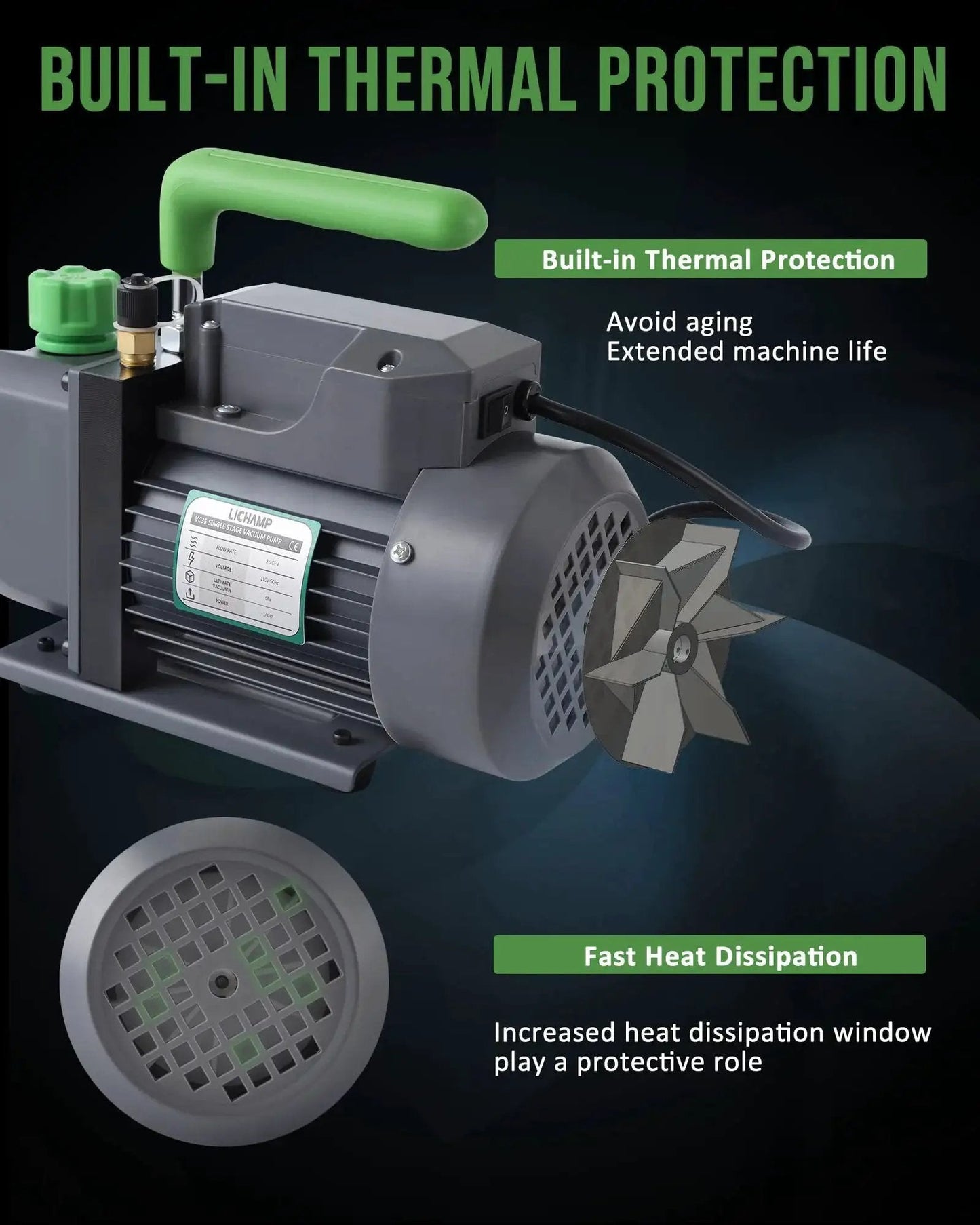 High Performance Three Point Five CFM Single Stage HVAC Vacuum Pump With One Quarter HP 110 Volt Motor, built-in thermal protection.