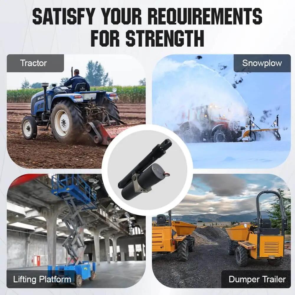 Workhorse Heavy Duty Hydraulic Linear Actuator With 8000N Push Force 12V DC Motor 12 Inch Stroke displayed with applications: tractor, snowplow, lifting platform, dumper trailer.