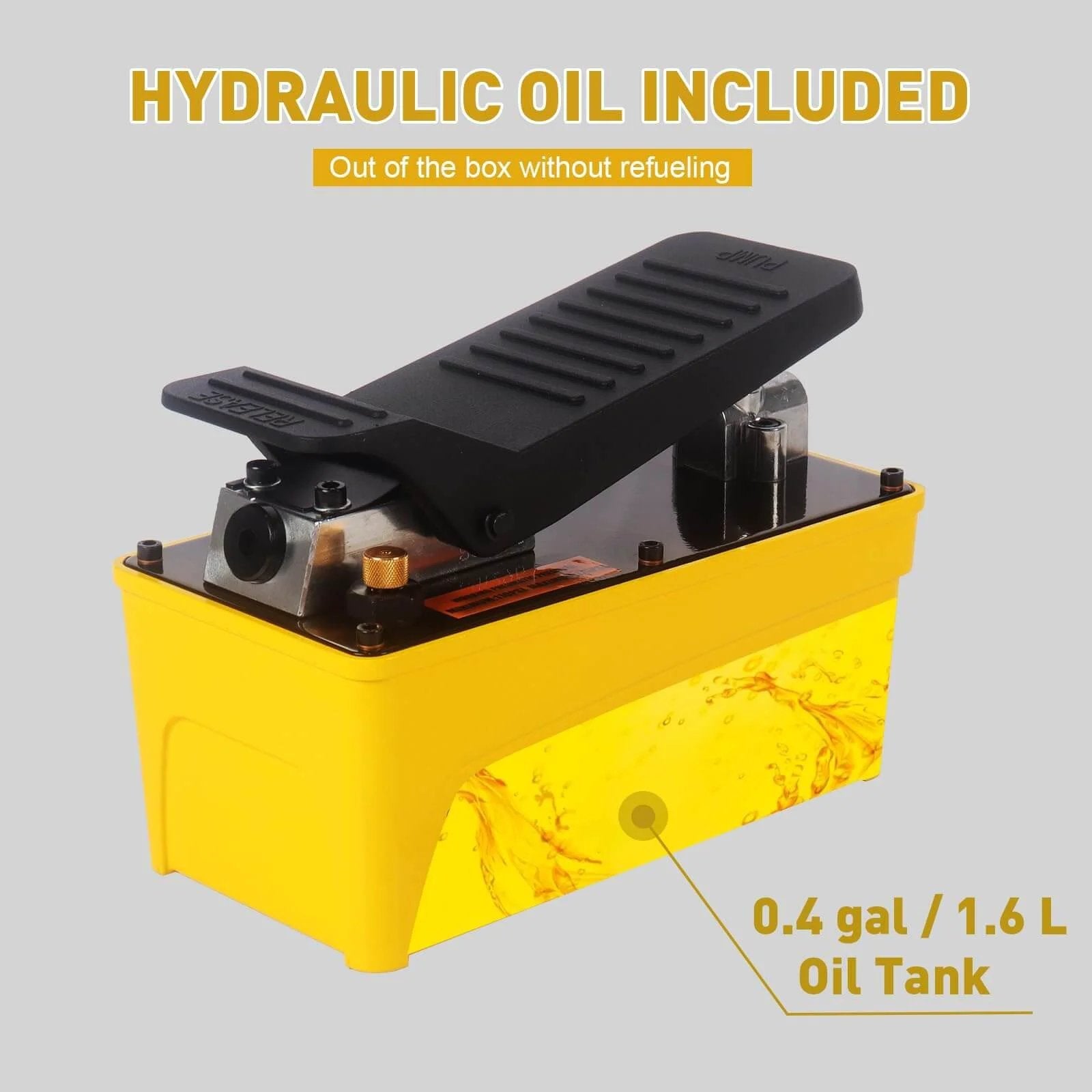 HYDRAULIC PRO 10,000 PSI Air Hydraulic Pump, 1.6L Reservoir with foot pedal, shown in yellow with oil included