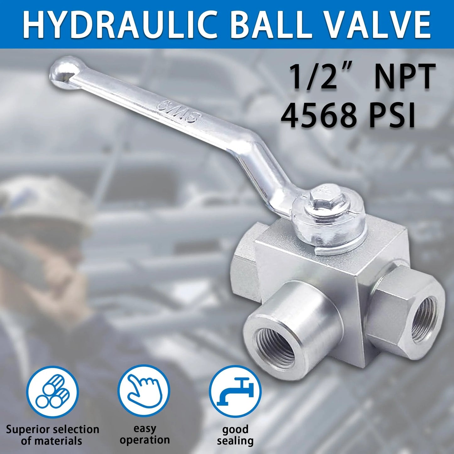 High Pressure Hydraulic Ball Valve 1/2 Inch NPT 4568 PSI 315 Bar KHB3K three-way valve with chrome handle and sturdy design.