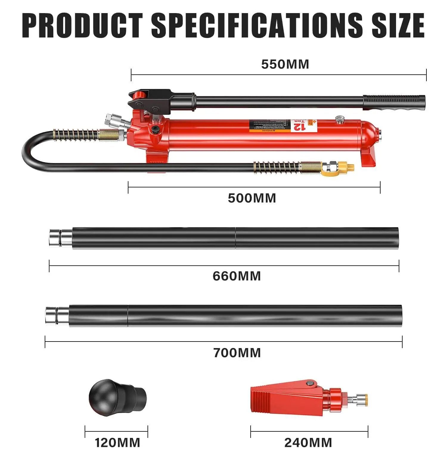Pro Grade 12 Ton Hydraulic Body Repair Kit With Portable Floor Jack Ram Pump Set showing specifications and components