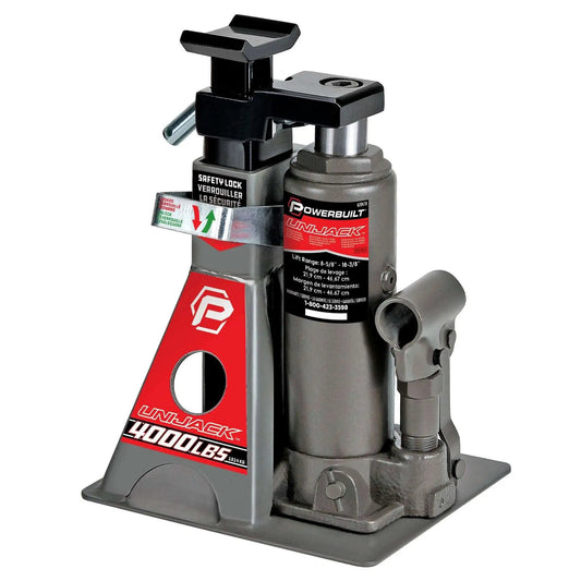 2 Ton UniJack Combination Hydraulic Bottle Jack And Jackstand In One Unit Compact Portable Wide Base Lifts And Holds Cars Unibody Sedans CUVs And SUVs For Safe DIY Repairs By Powerbuilt shown in upright position