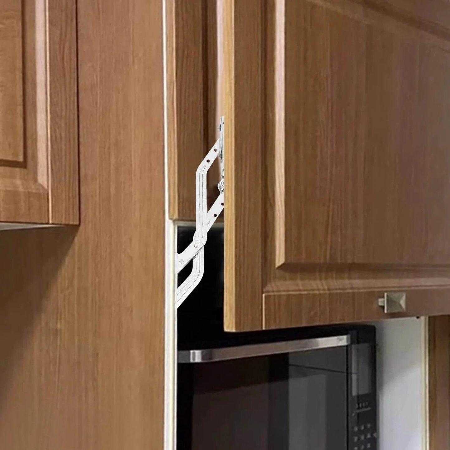 Hydraulic Buffer Cabinet Door Hinges Adjustable Mounting Hinges installed on a wooden cabinet door, showing vertical lift-up function.
