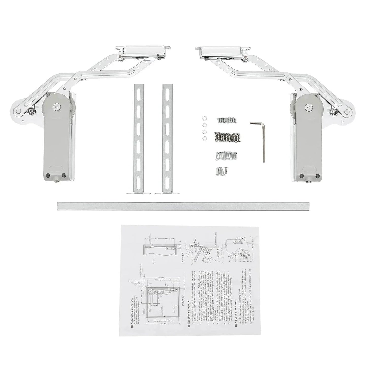 Hydraulic Buffer Cabinet Door Hinges with pneumatic lift arms and installation hardware for 7.7-8.8lbs doors, shown unassembled.