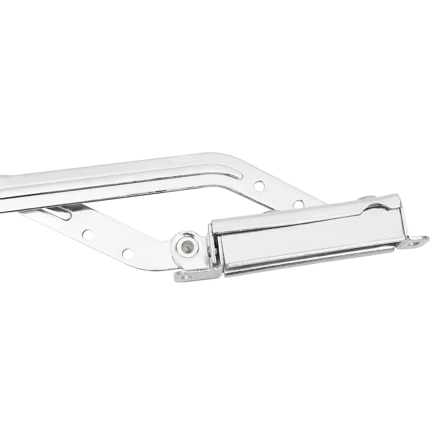 Close-up of hydraulic buffer cabinet door hinge with chromium finish for cabinet, wardrobe, vertical swing lift up 7.72-8.82lbs capacity.