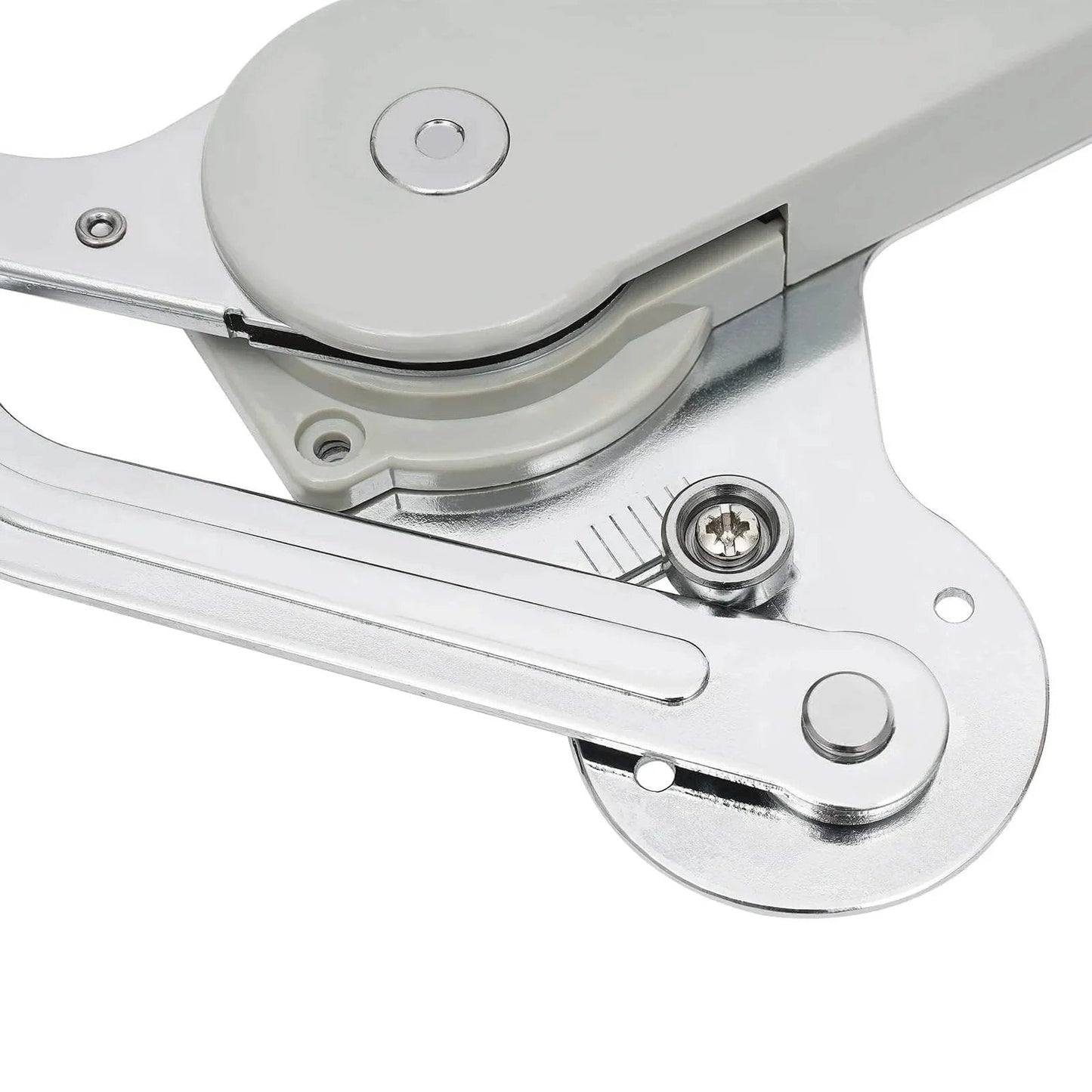 Close-up of Hydraulic Buffer Cabinet Door Hinges, Vertical Swing Lift Up 7.72-8.82lbs Capacity, chrome finish arm mechanism