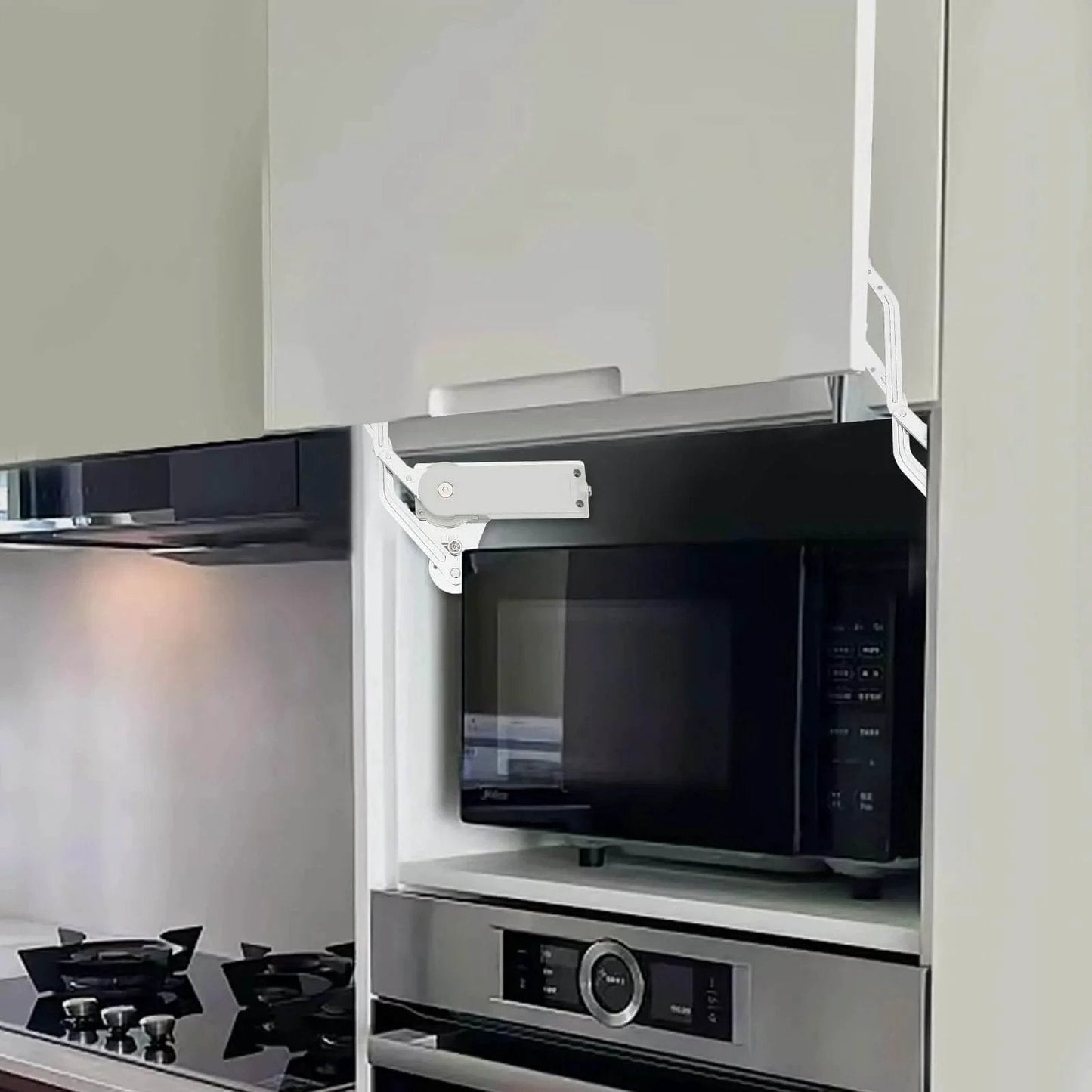 Cabinet Door Hinges, Adjustable Hydraulic Buffer Cabinet Door Hinges, shown in kitchen with vertical lift-up mechanism