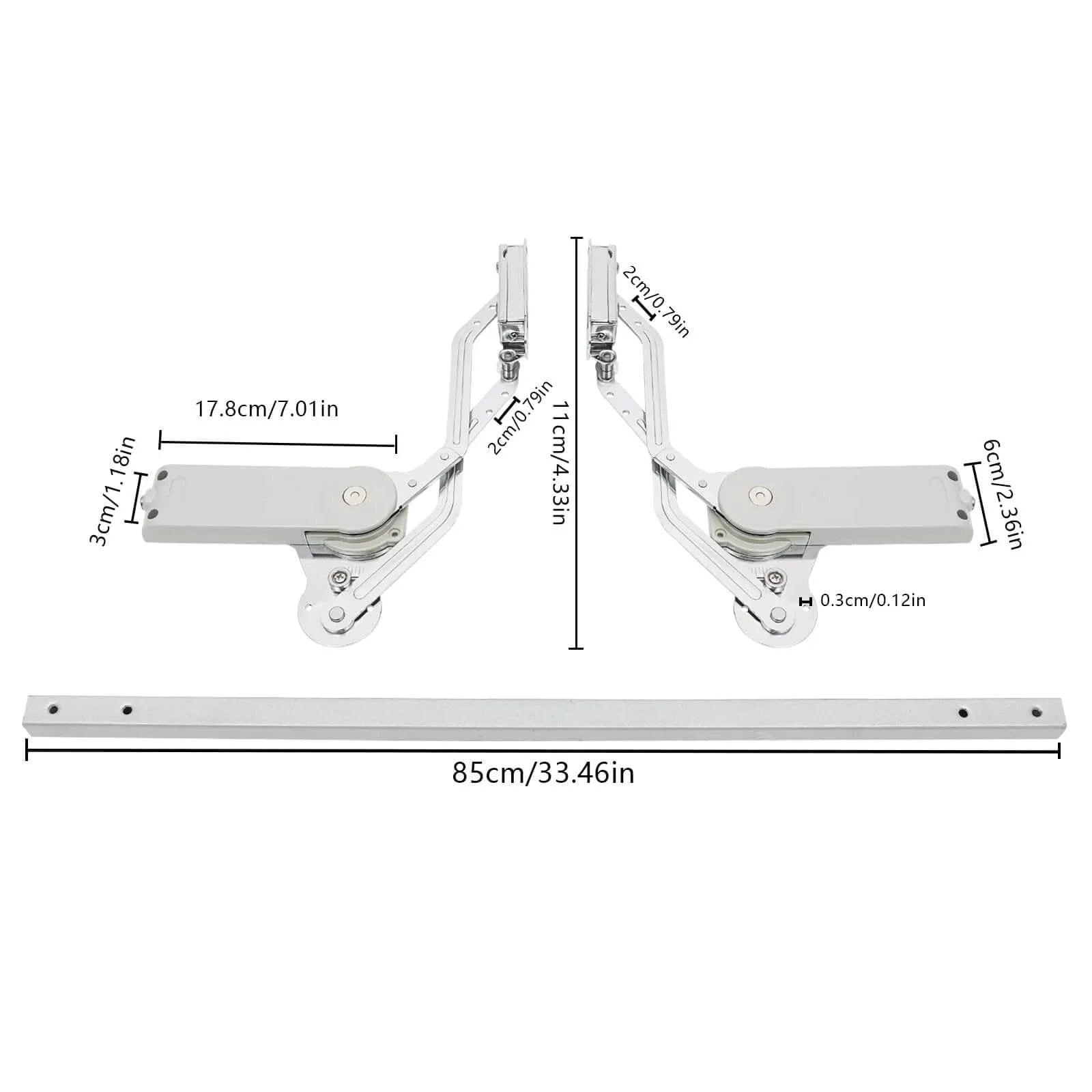 Dimensions of Cabinet Door Hinges, Hydraulic Arm Mechanism Hinges for top-lift vertical swing installation, showing length and height.