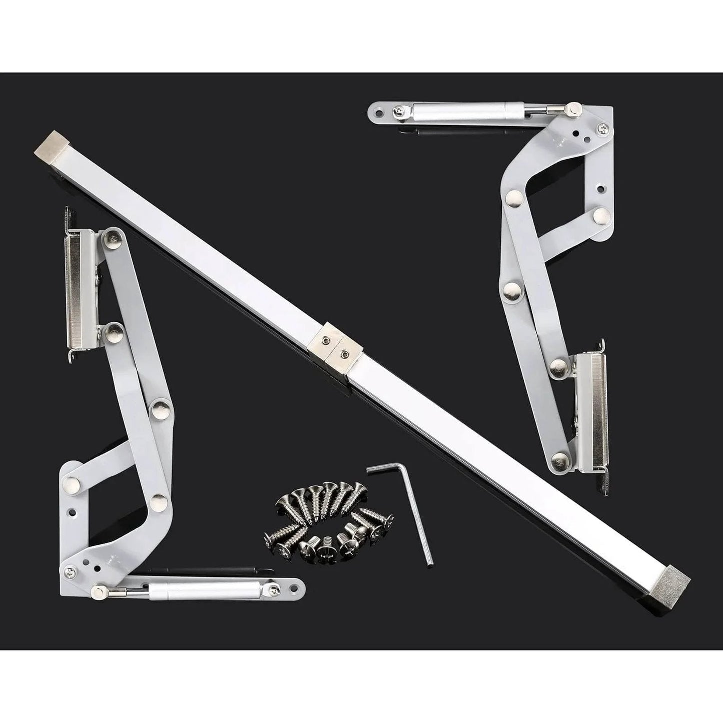 Kitchen Cabinet Door Flap Up Support Furniture Hinge, Translational Lift Up Mechanism with mounting hardware on black background