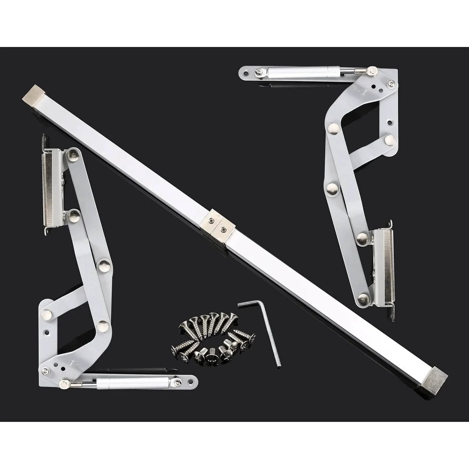 Kitchen Cabinet Door Flap Up Support Furniture Hinge, Translational Lift Up Mechanism with mounting hardware on black background