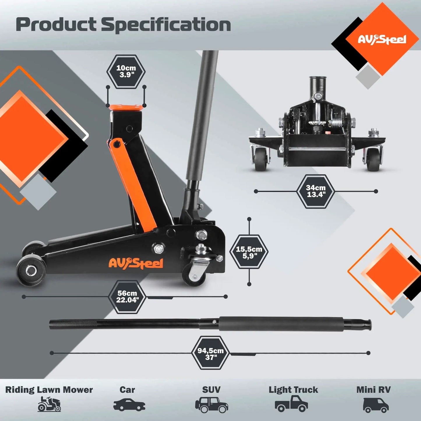 Beast Mode 3 Ton Floor Jack For Cars, Trucks And SUVs, Hydraulic Quick Lift With Single Piston Pump, 5.5 To 18.5 Inch Lift Range, Durable Steel Construction, AV Steel displayed with specifications and measurements.