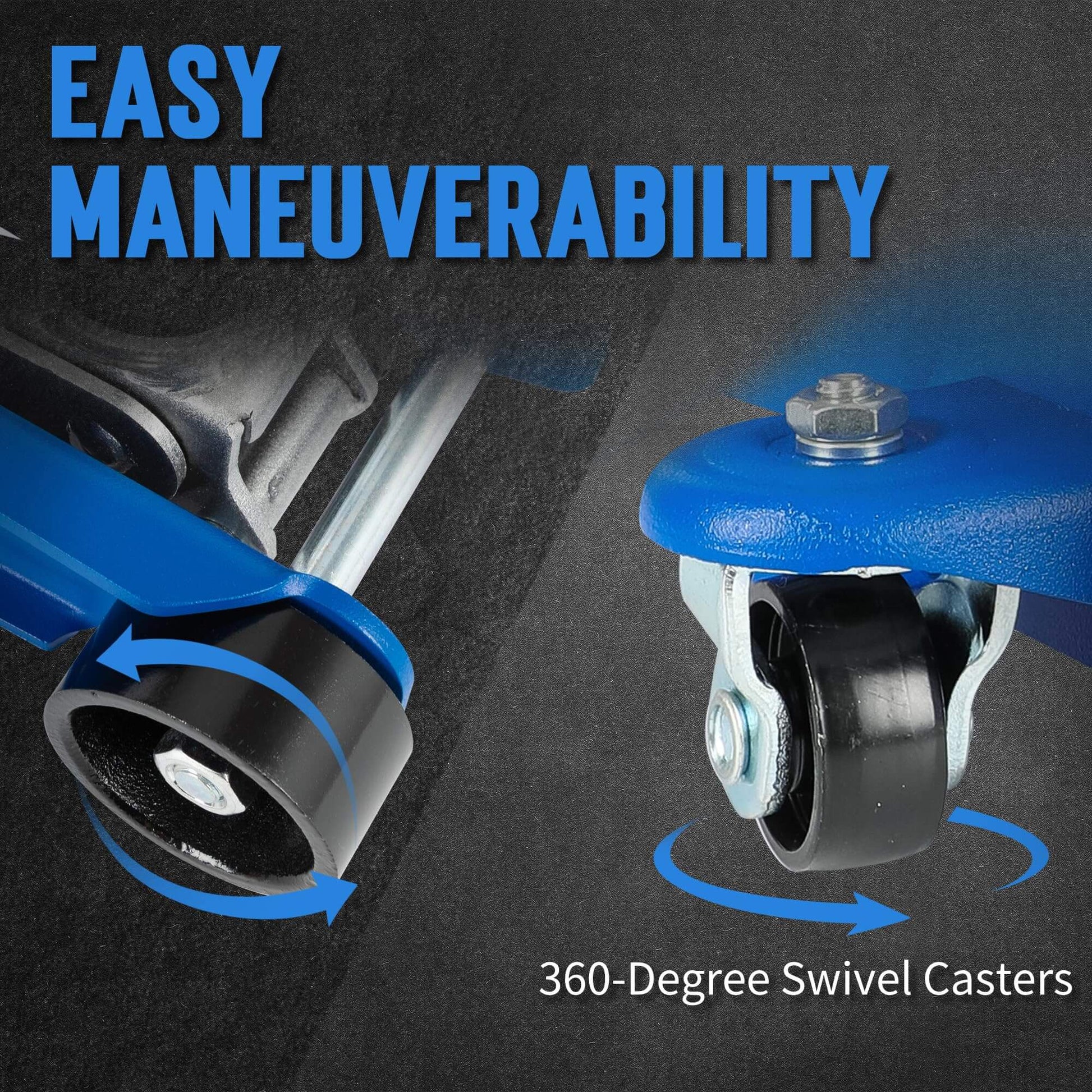 Low Profile 2.5 Ton Hydraulic Floor Car Jack For Cars And SUVs With Lifting Range From 3.35 Inches To 14.57 Inches Built In Heavy Duty Steel For Home Garage Shop Use Blue By Tonda showing 360-degree swivel casters for easy maneuverability.