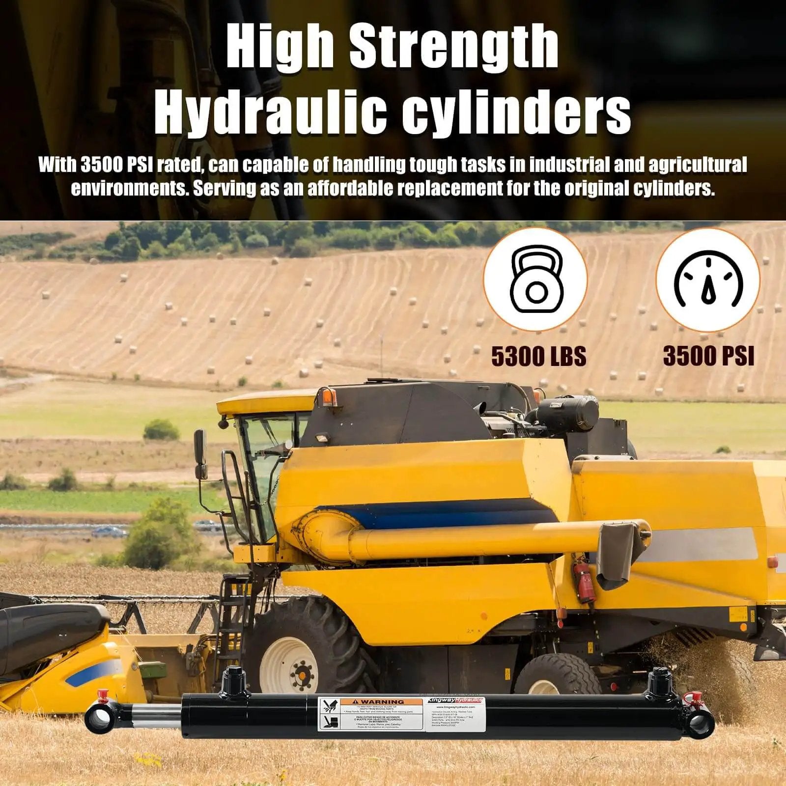 Cross Tube Double Acting Hydraulic Cylinder With 1.5 Inch Bore And 16 Inch Stroke For Heavy Duty Use 3500 PSI 5300 Lb Load Capacity SAE 6 Ports Three Quarter Inch Pin Holes on display with agricultural equipment in the background.