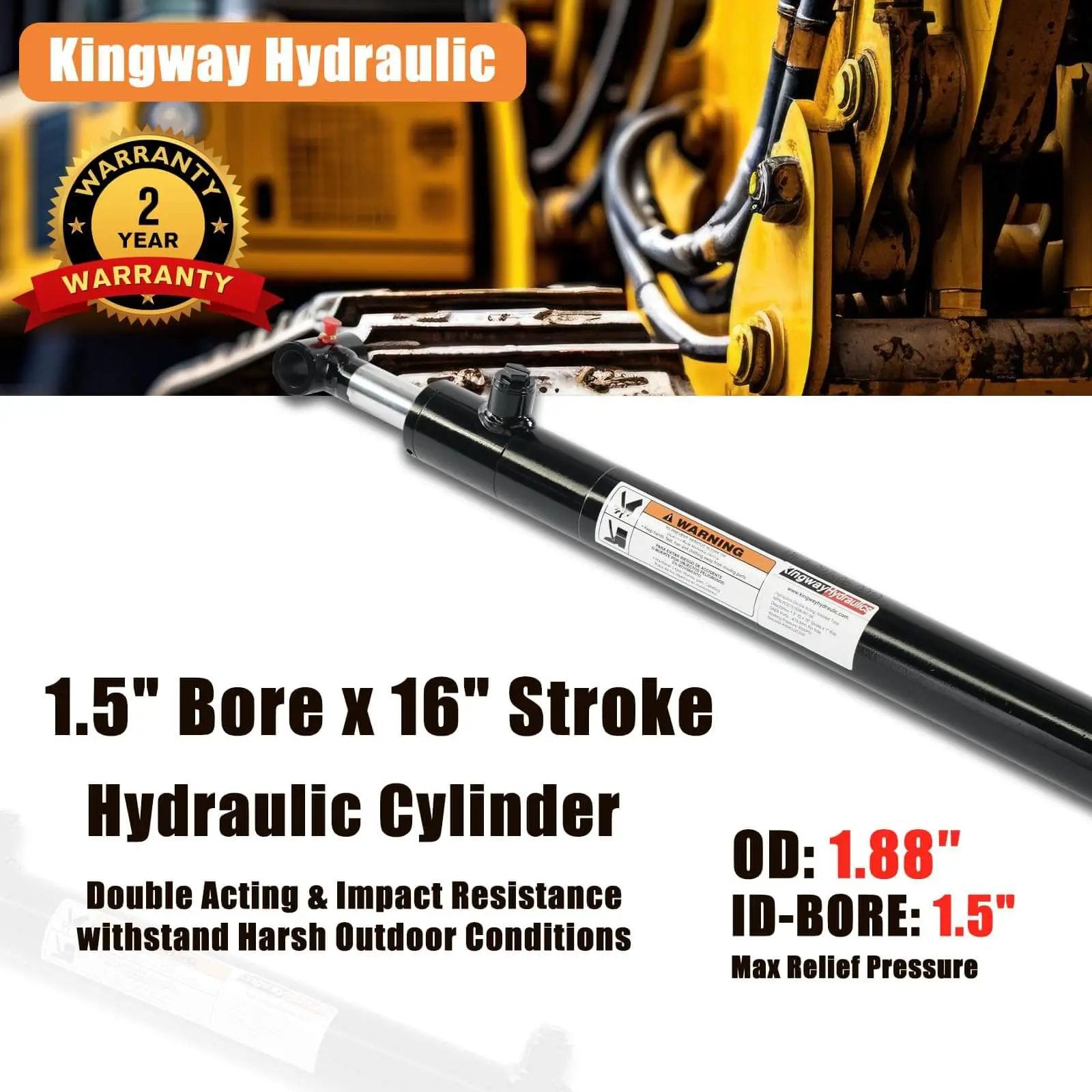 Cross Tube Double Acting Hydraulic Cylinder With 1.5 Inch Bore And 16 Inch Stroke For Heavy Duty Use 3500 PSI 5300 Lb Load Capacity SAE 6 Ports Three Quarter Inch Pin Holes with machinery in background