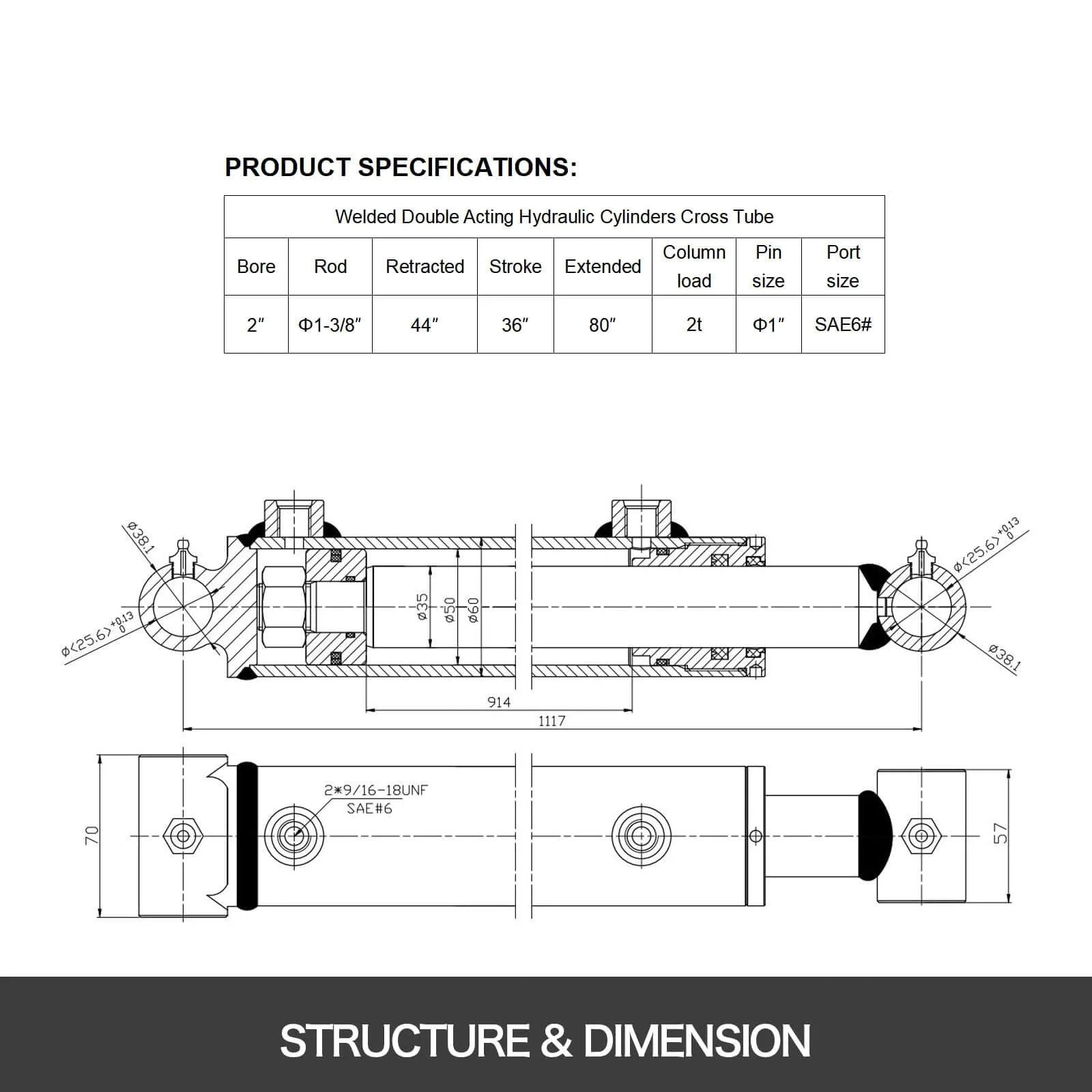 Diagram of Welded Double Acting Hydraulic Cylinder, 2" Bore, 36" Stroke, Work Pressure 3000psi, Cross Tube, Port Size SAE6, 2x36 inches.