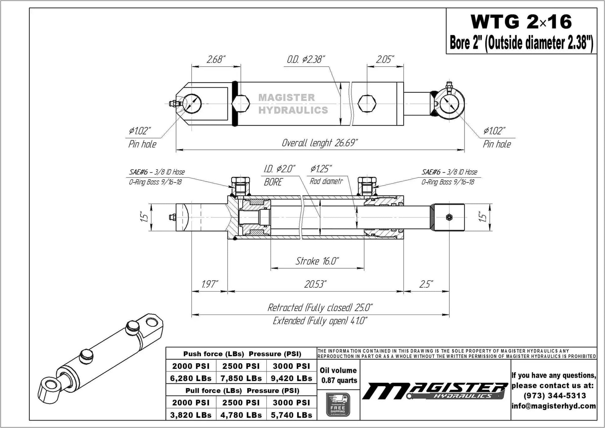 Technical drawing of Double Acting Hydraulic Cylinder For Tang Style Universal Systems Magister Hydraulics 2 Inch Bore 16 Inch Stroke Welded Construction 3500 PSI Rated Pressure 9400 Lbs Load 1.25 Inch Rod Diameter SAE 6 Ports.