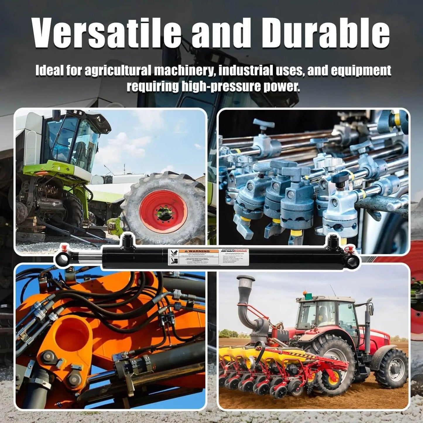 Cross Tube Double Acting Hydraulic Cylinder With 1.5 Inch Bore And 16 Inch Stroke For Heavy Duty Use 3500 PSI 5300 Lb Load Capacity SAE 6 Ports Three Quarter Inch Pin Holes displayed with machinery applications.