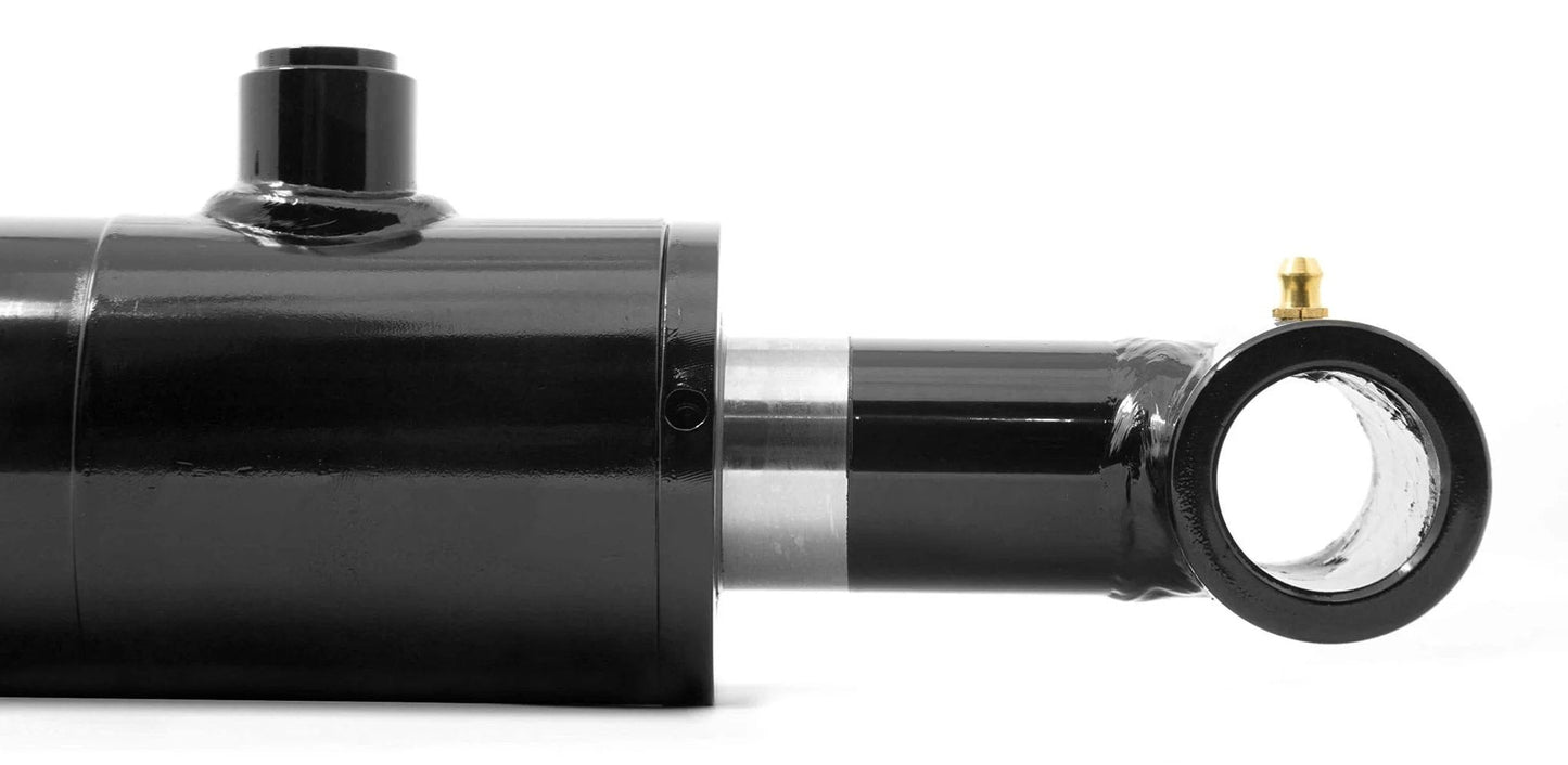 Close-up of a Cross Tube Hydraulic Cylinder with 2.5-inch Bore and 20-inch Stroke, showing end attachment and glossy finish.
