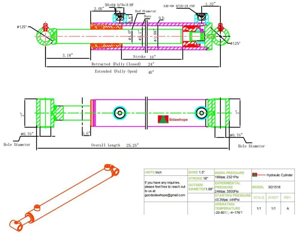 Technical diagram of Heavy Duty Hydraulic Cylinder 1.5 Inch Bore 16 Inch Stroke 3500 PSI Double Acting SAE 6 Port Lifting Cylinder Sidawhope Universal Hydraulic Cylinders Built With Welded Cross Tube Ends and High Tensile Seals for Harsh Conditions.