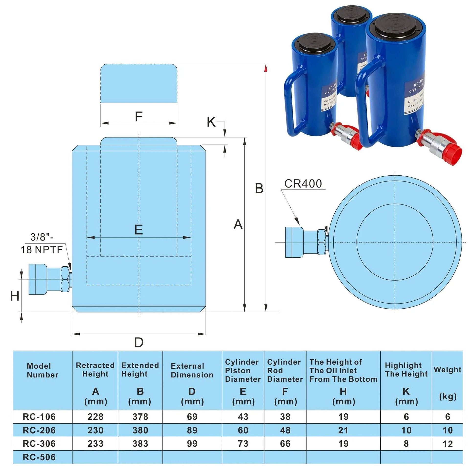 30 Ton Hydraulic Cylinder Ram Single Acting 6 Inch Stroke technical diagram and specifications chart