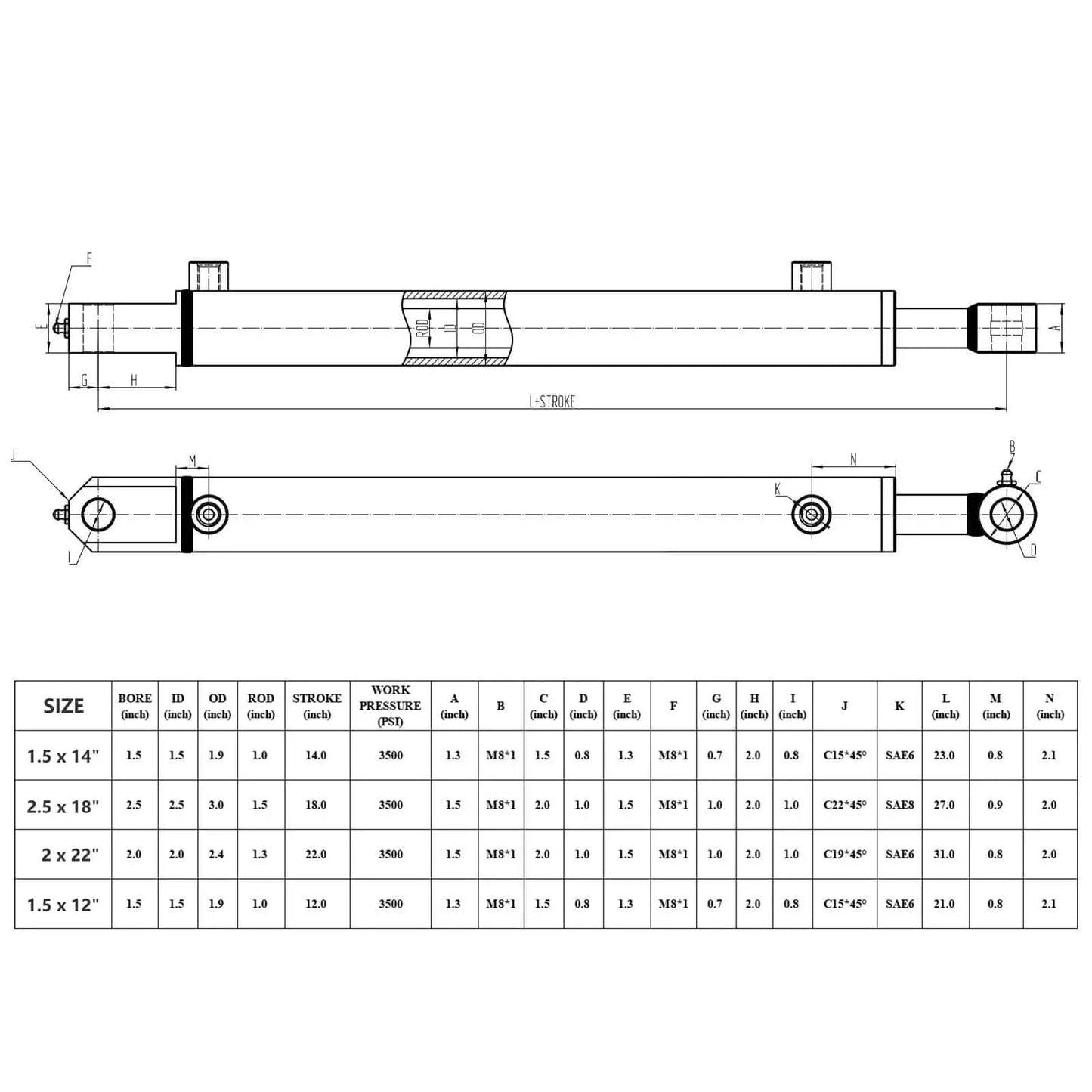 Technical drawing of Heavy Duty Double Acting Hydraulic Cylinder For Tractor And Loader And Ag Equipment 1.5 Inch Bore 12 Inch Stroke