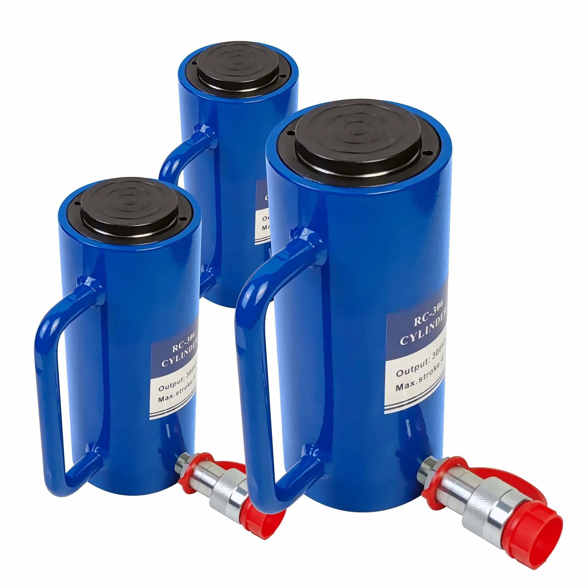 Three blue 30 Ton Hydraulic Cylinder Rams with handles and connectors, designed for single acting hydraulic lifts, 6 inch stroke.