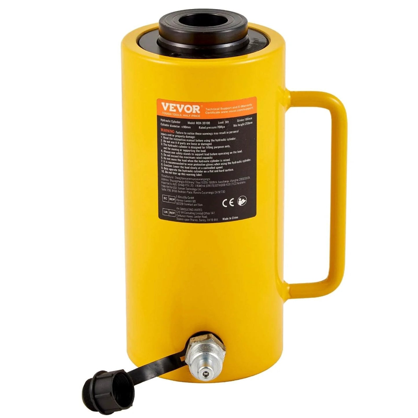 Hydraulic Cylinder Jack 30Ton, Solid Ram Hydraulic Cylinder 4Inch, Stroke Single Acting showing side view with handle and connector