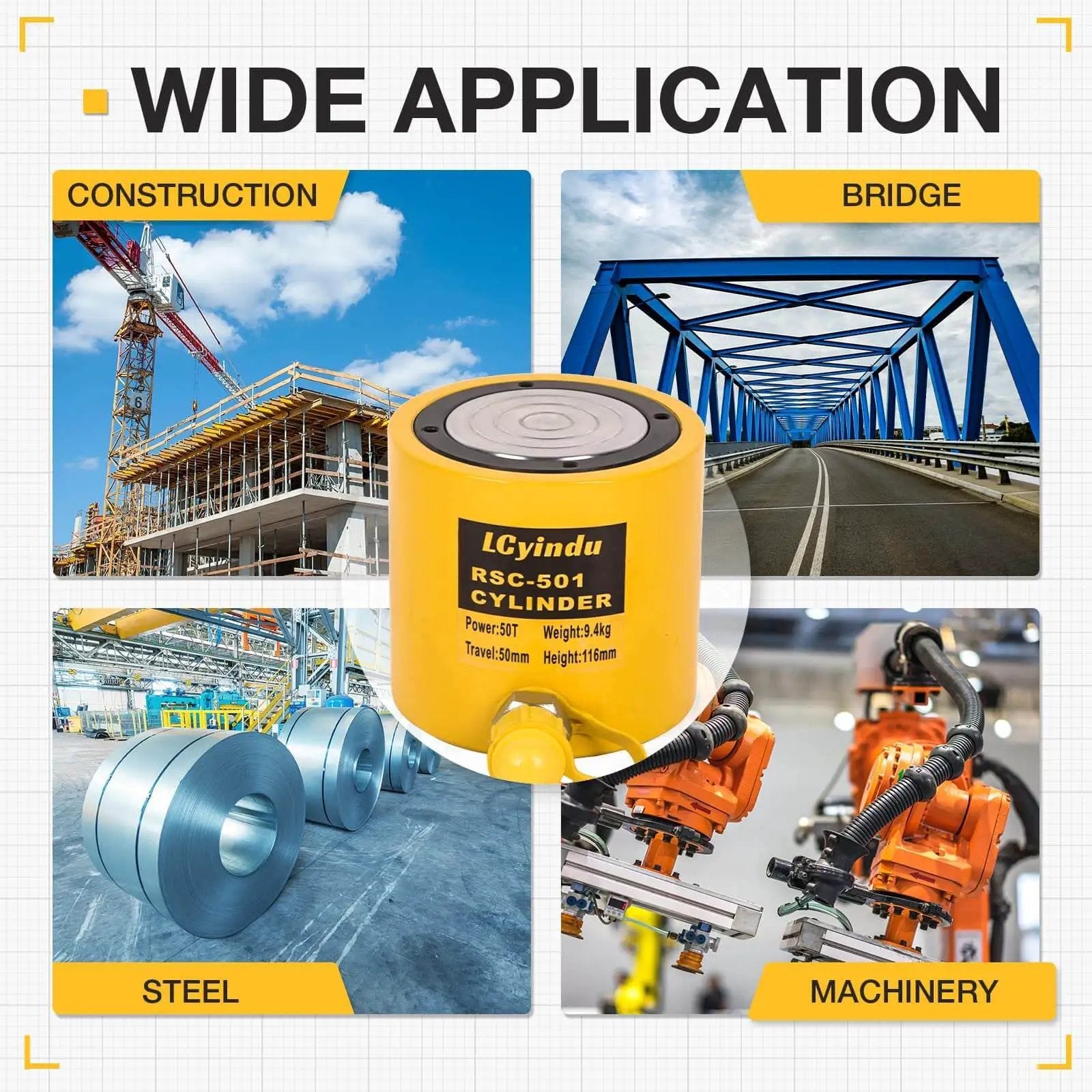 Heavy Duty 50 Ton Hydraulic Cylinder Jack Ram With A 2 Inch Stroke For Lifting Heavy Equipment And Vehicles RSC 501 shown in construction, bridge, steel, and machinery settings