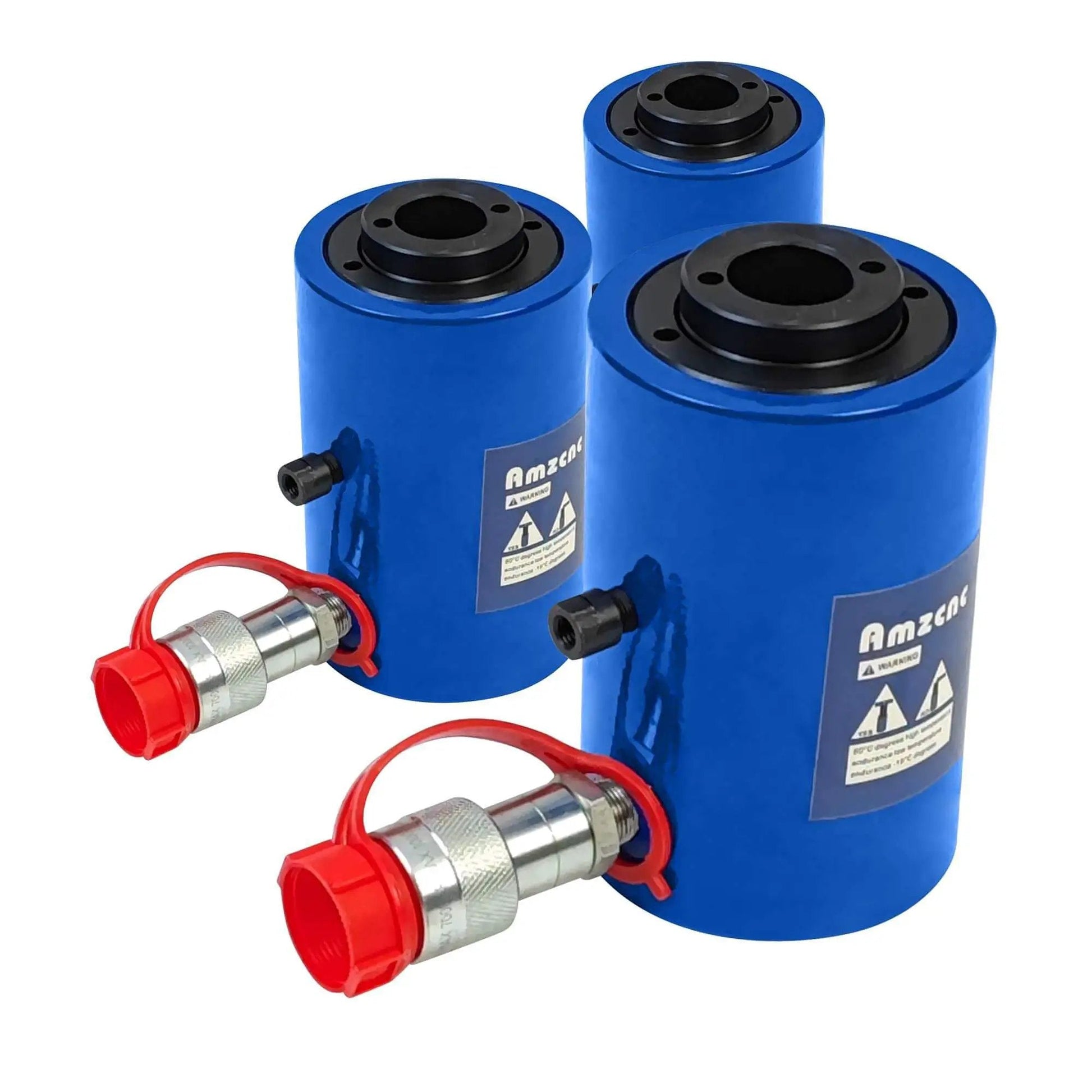 Beefy 30 Ton Hollow Hydraulic Cylinder Jack With Four Inch Stroke 100mm Single Acting Ram 10,000 PSI Max Pressure in blue casing