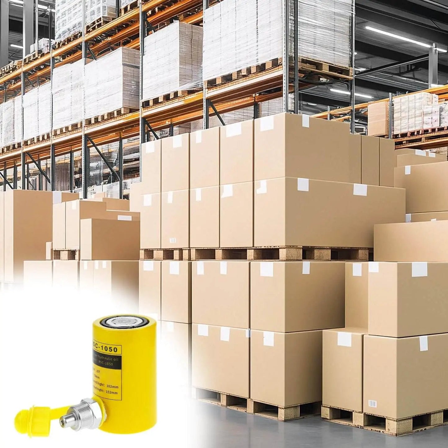 Hydraulic Cylinder Jack 10 Ton Porta Power Kit With 2 Inch Stroke Heavy Duty Single Acting Ram in a warehouse setting.