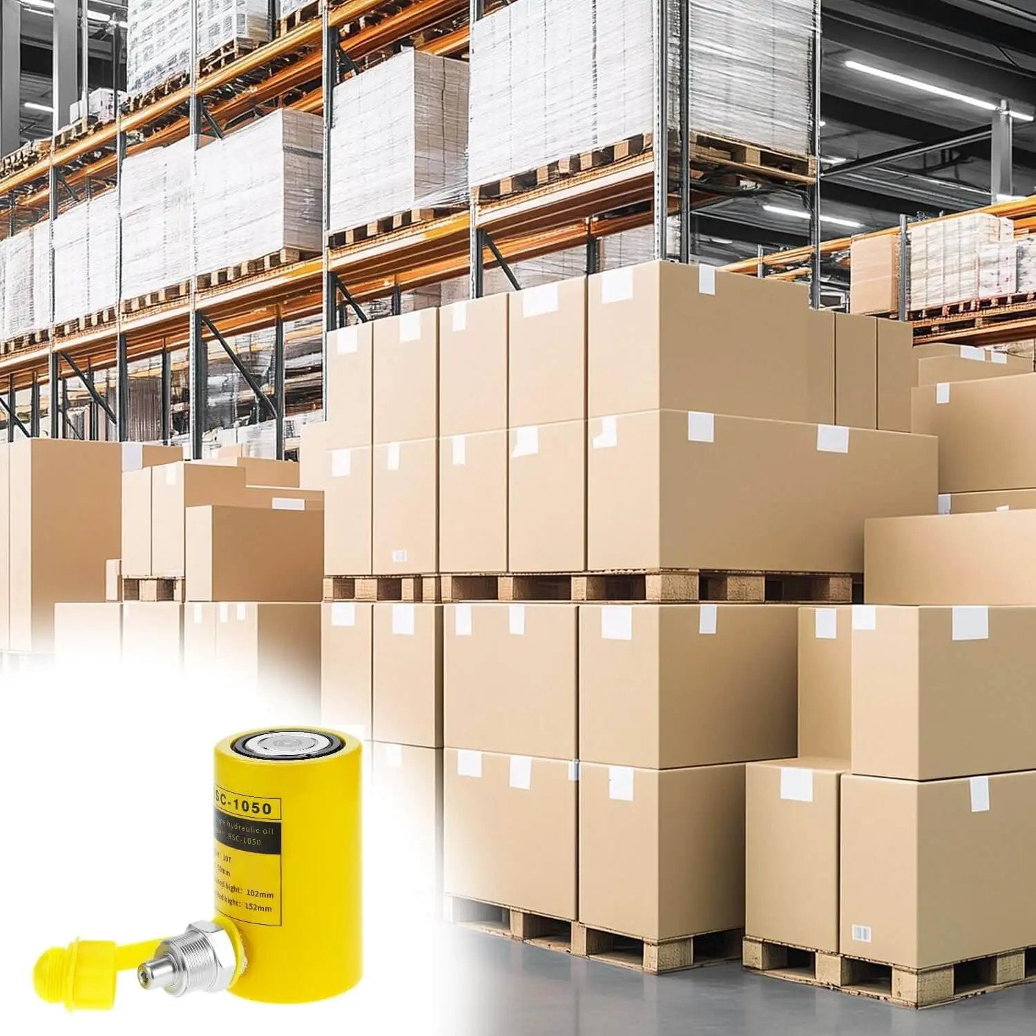 Hydraulic Cylinder Jack 10 Ton Porta Power Kit With 2 Inch Stroke Heavy Duty Single Acting Ram in a warehouse setting.