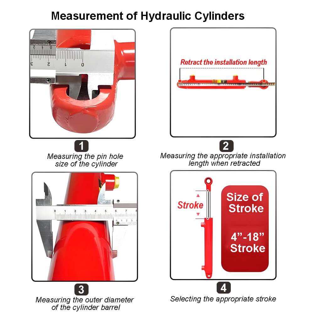 Measurement guide for hydraulic cylinders, showing steps for pin hole size, installation length, outer diameter, and stroke size