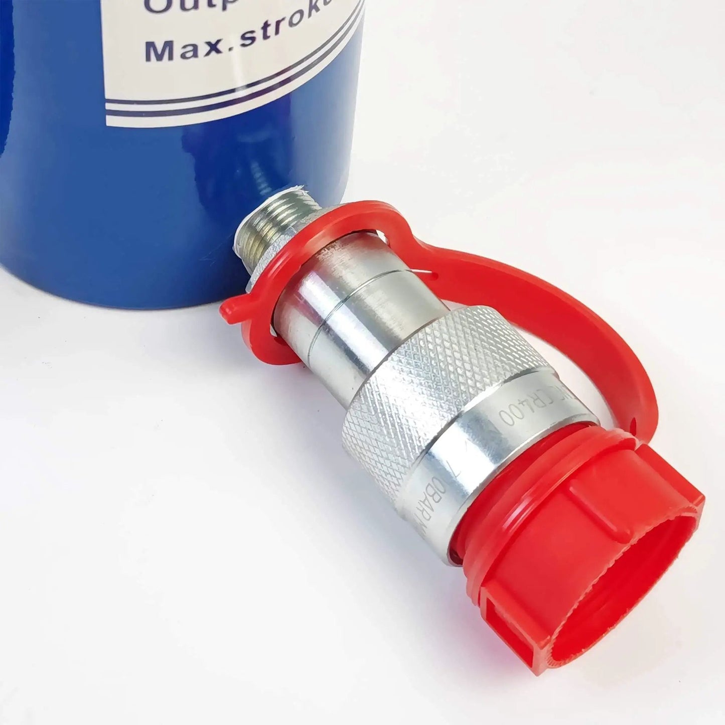 Close-up of 10,000 PSI capacity hydraulic cylinder ram quick coupler, part of the 20 Ton Hydraulic Cylinder Ram, Single Acting, 6-Inch Stroke by AMZCNC.
