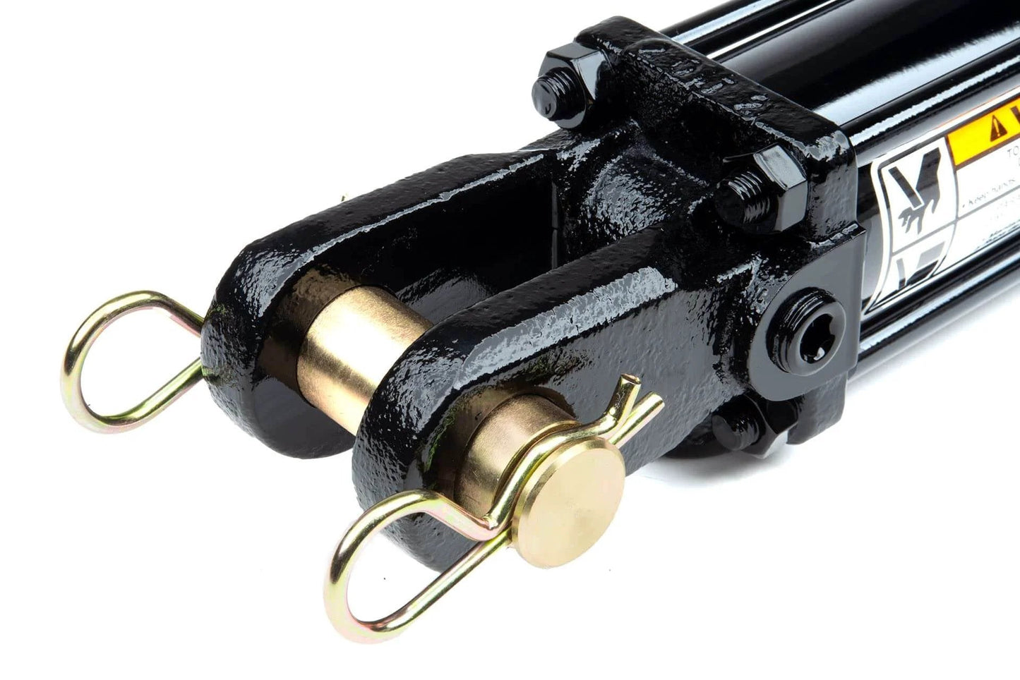 Close-up of the end fitting of a black Hydraulic Tie-Rod Cylinder – Double-Acting – 2 Bore x 8 Stroke – 2500 PSI – 7850 lb Column Load