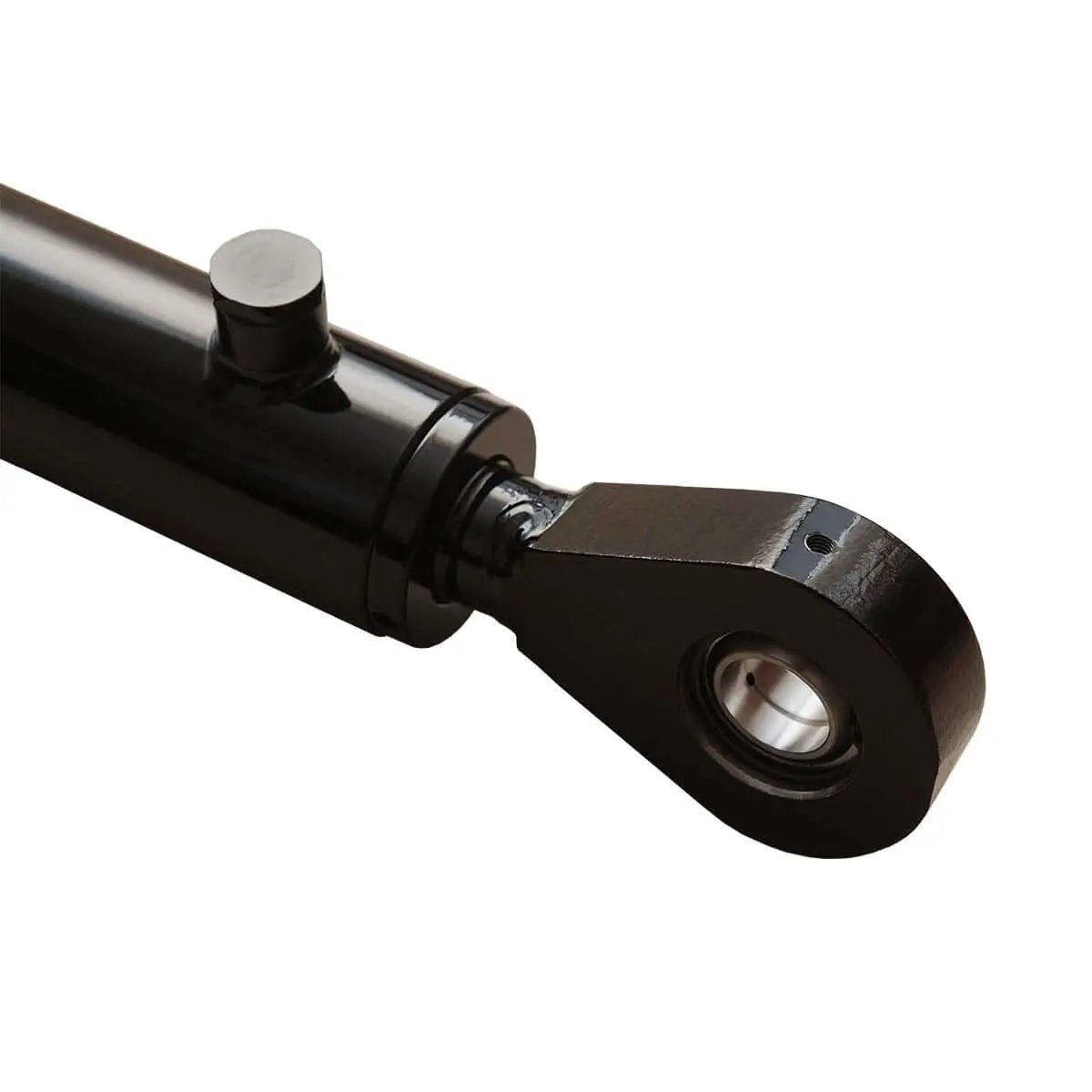 Close-up of Heavy Duty Double Acting Hydraulic Cylinder With 2 Inch Bore And 8 Inch Stroke Swivel Eye Universal Fit 3500 PSI Rated 9400 Lb Load