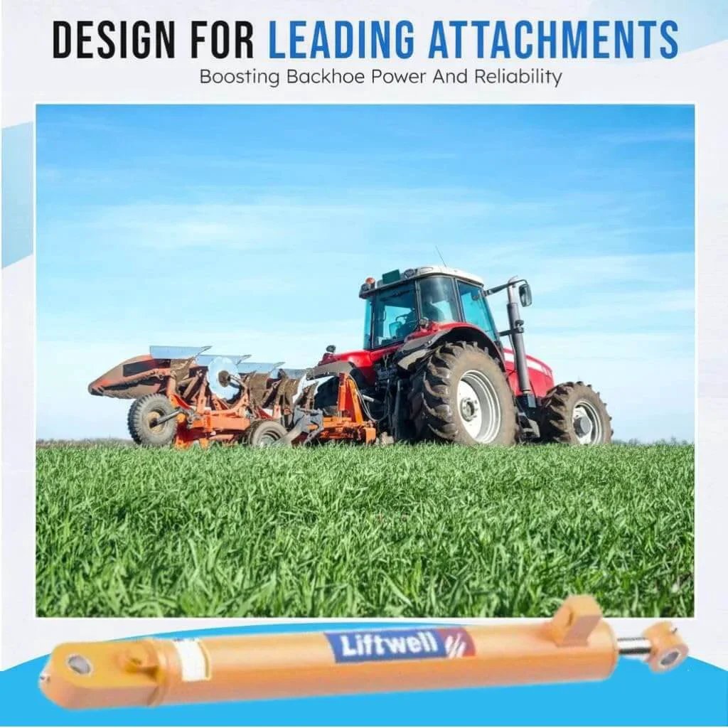 Tractor on a green field with Liftwell hydraulic cylinder, showing design for leading attachments.