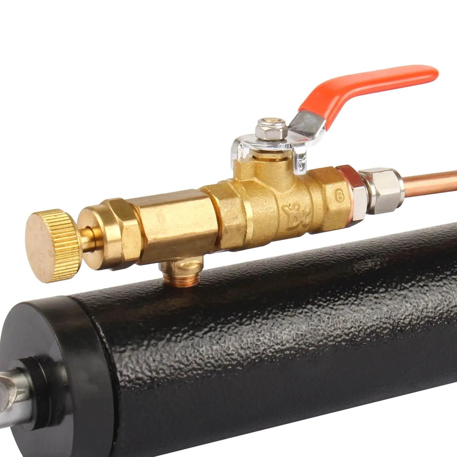 Close-up of heavy-duty hydraulic cylinder component with brass fittings for metal bandsaw replacement, showing connection details.