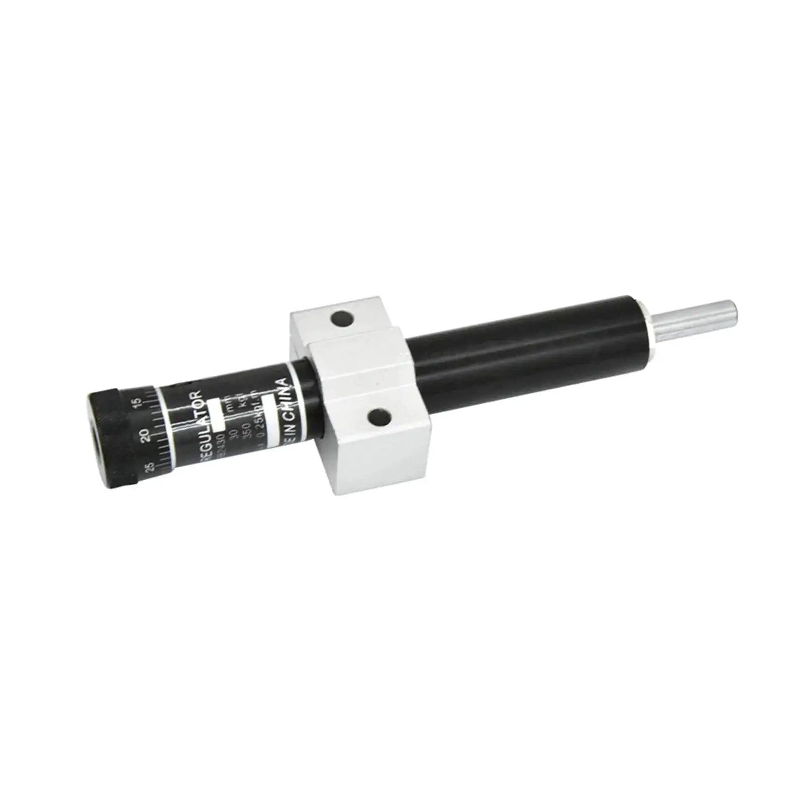 Front view of Hydraulic Damper Regulator RB 2430 for 30mm stroke, compact and oil-filled, showcasing adjustable speed control dampers.