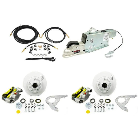 MAXX Hydraulic Actuator Integral Disc Brake Kit For Single Axle With 3,500 Lbs Capacity And Dacromet Calipers Southwest Wheel Includes Demco Actuator DeeMaxx Hose Kit And TruRyde Bearings - full kit view