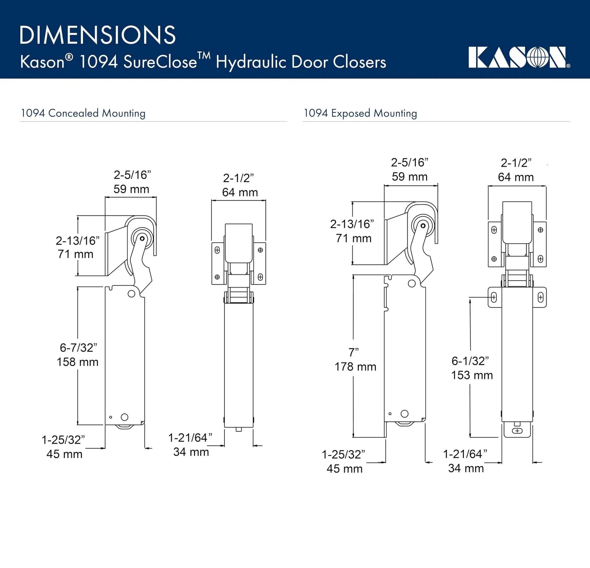 Diagram showing dimensions for Hydraulic Door Closer, Exposed Mounting, 11094000003 with measurement details.