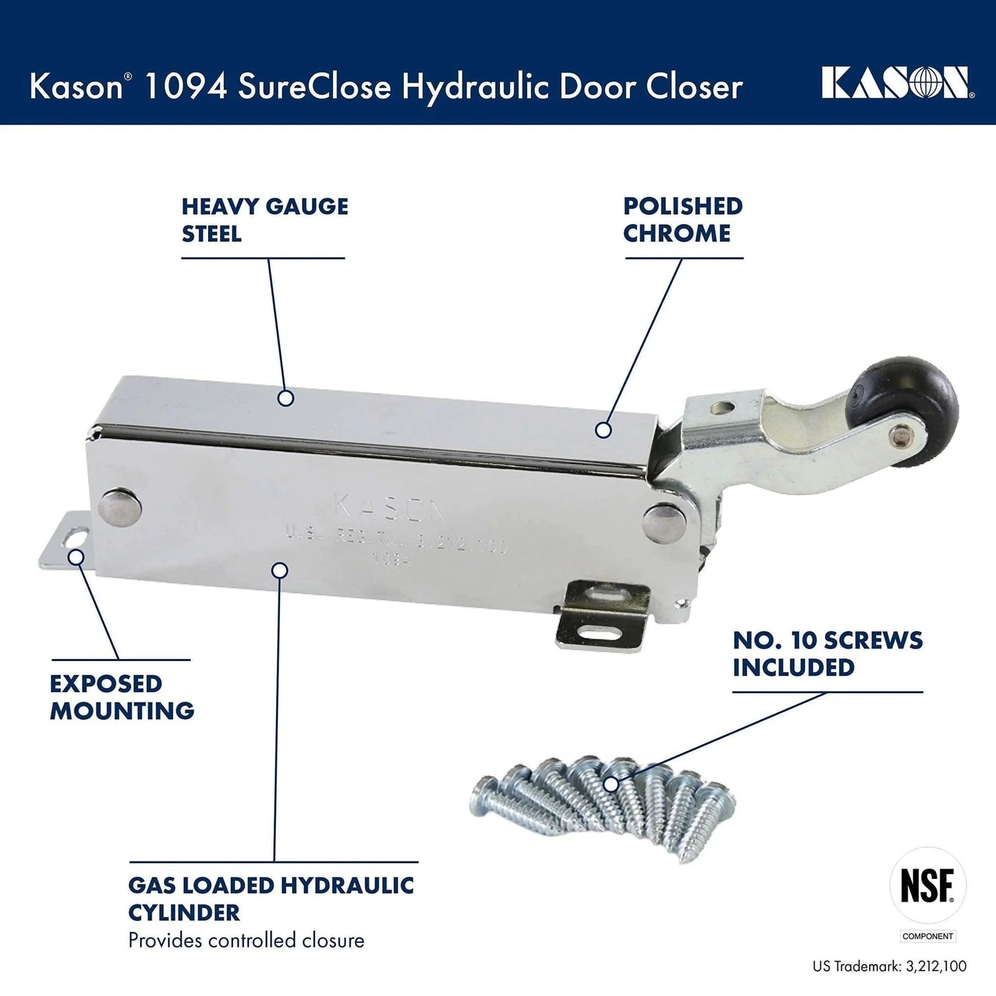 Hydraulic Door Closer, Exposed Mounting, 11094000003 with polished chrome finish and exposed mounting, shown with screws