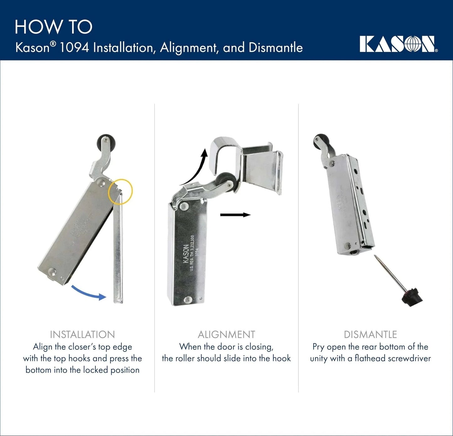 Hydraulic Door Closer, Exposed Mounting, 11094000003 installation and alignment guide with dismantle instructions