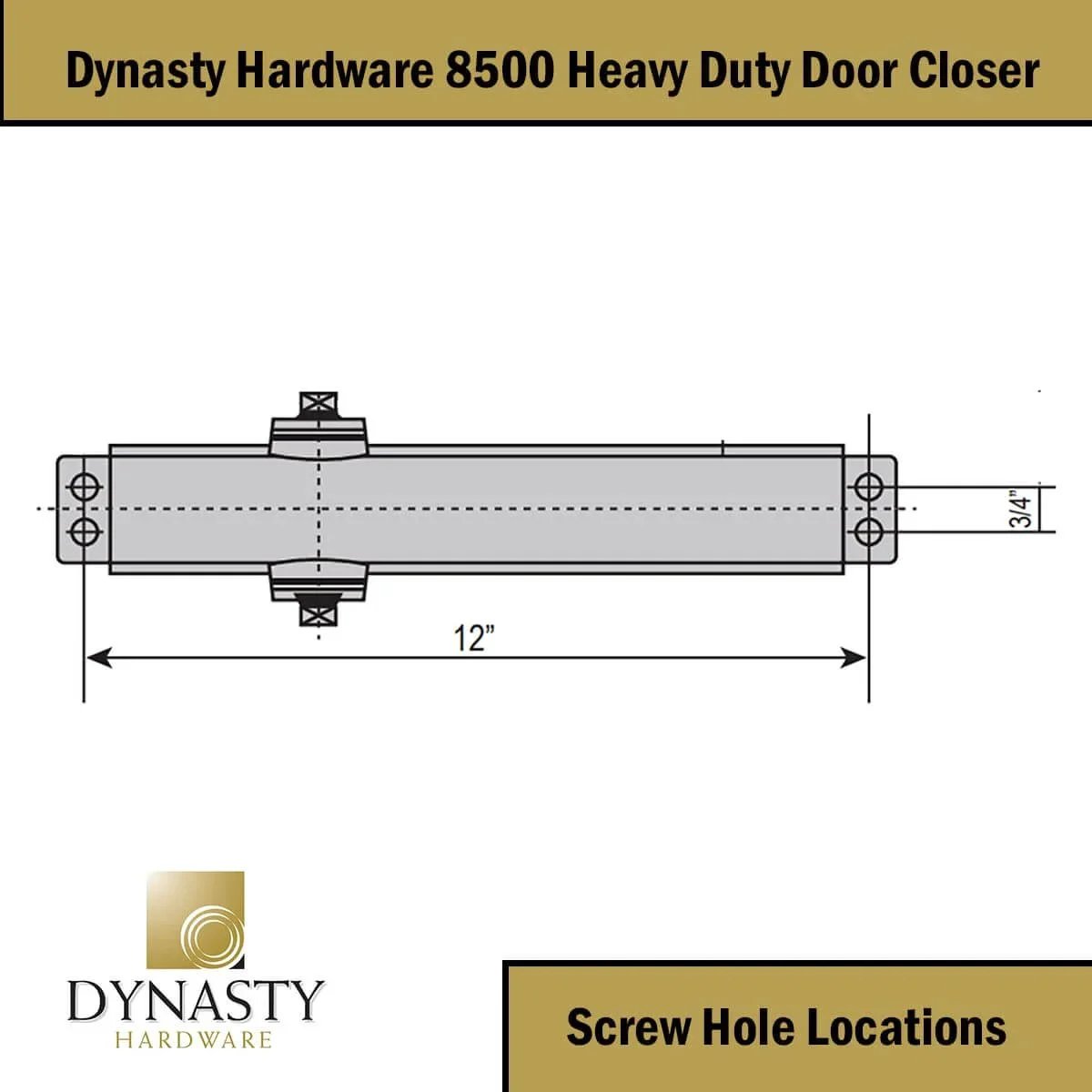Diagram of Door Closer, Grade 1 Heavy Duty Commercial Hydraulic Closer, Series 8500, showing screw hole locations, surface mount.