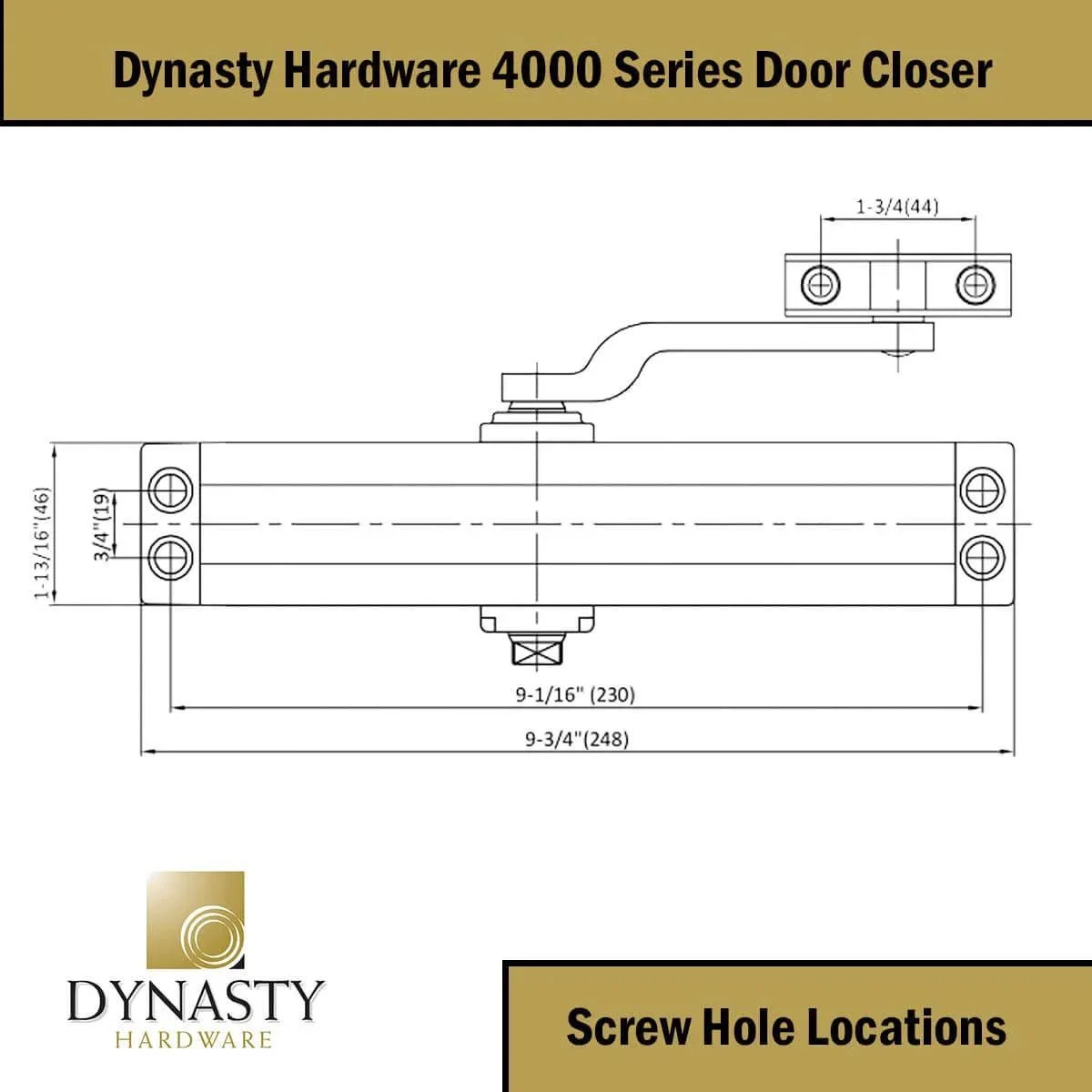Technical diagram of Door Closer, Commercial Hydraulic Closer, Self-Closing, Spring Size 4, Surface Mount, Sprayed Aluminum, Series 4000